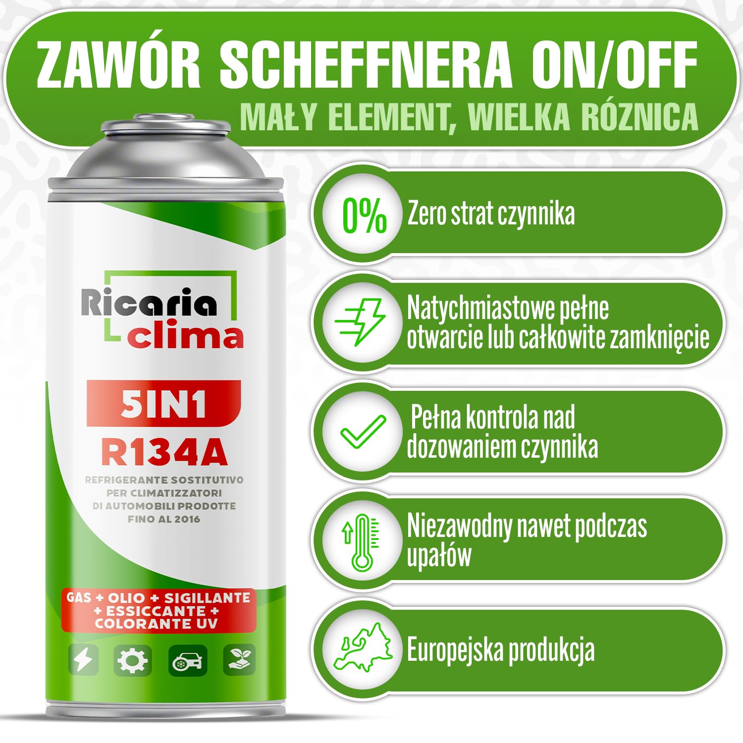 5in1 – 2x Gaz R134a i Olej + 2x Czynnik Chłodniczy R134a 5in1 XL 235g Każda Puszka, do Samochodowej Klimatyzacji z Olejem, Uszczelniaczem, Barwnikiem UV, Środkiem Osuszającym + Wąż