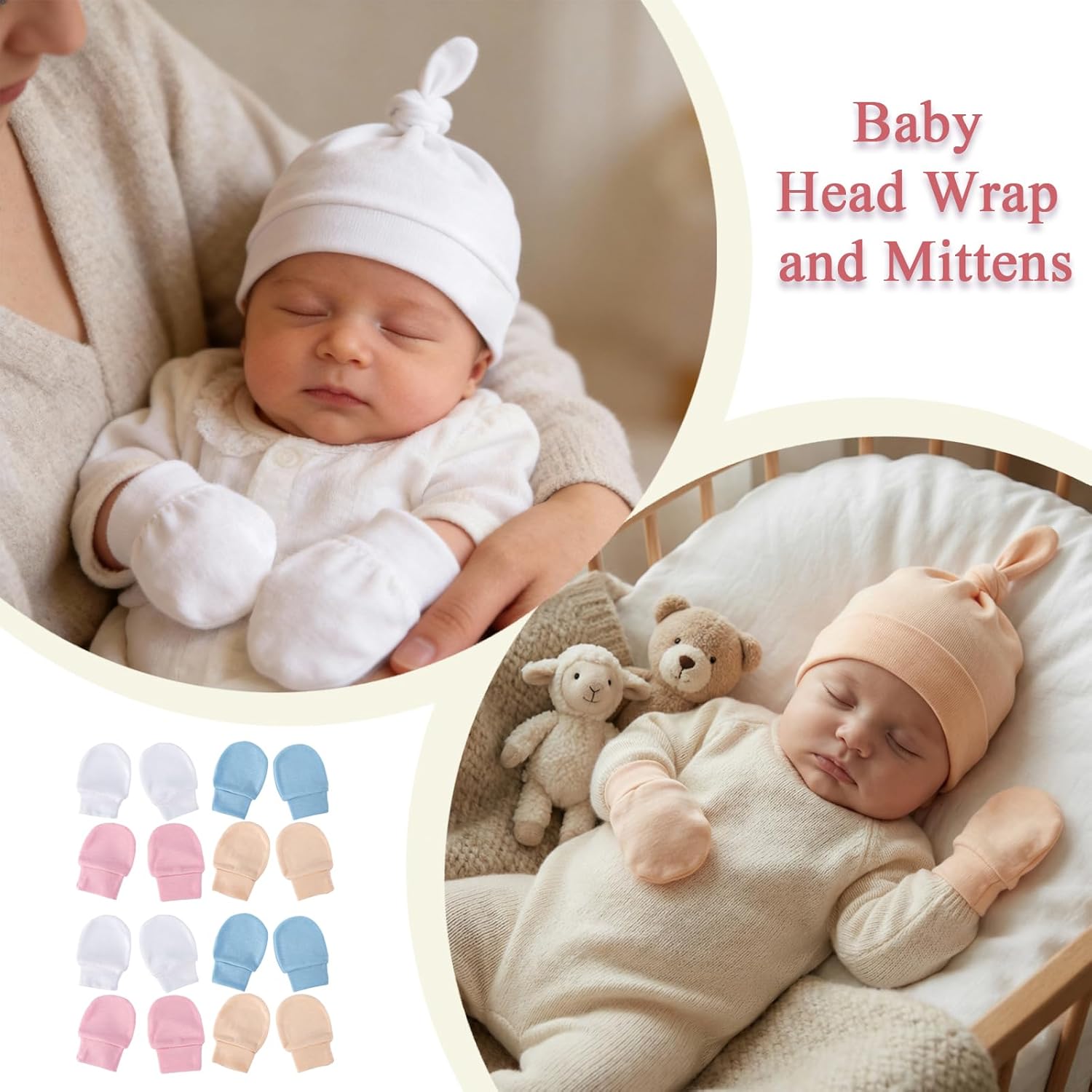 8 Sets Newborn Baby Hats & Mittens Soft Cotton Infant Knot Beanies Caps Gloves Hospital New Born Boy Girl 0-3 Months - Image 5