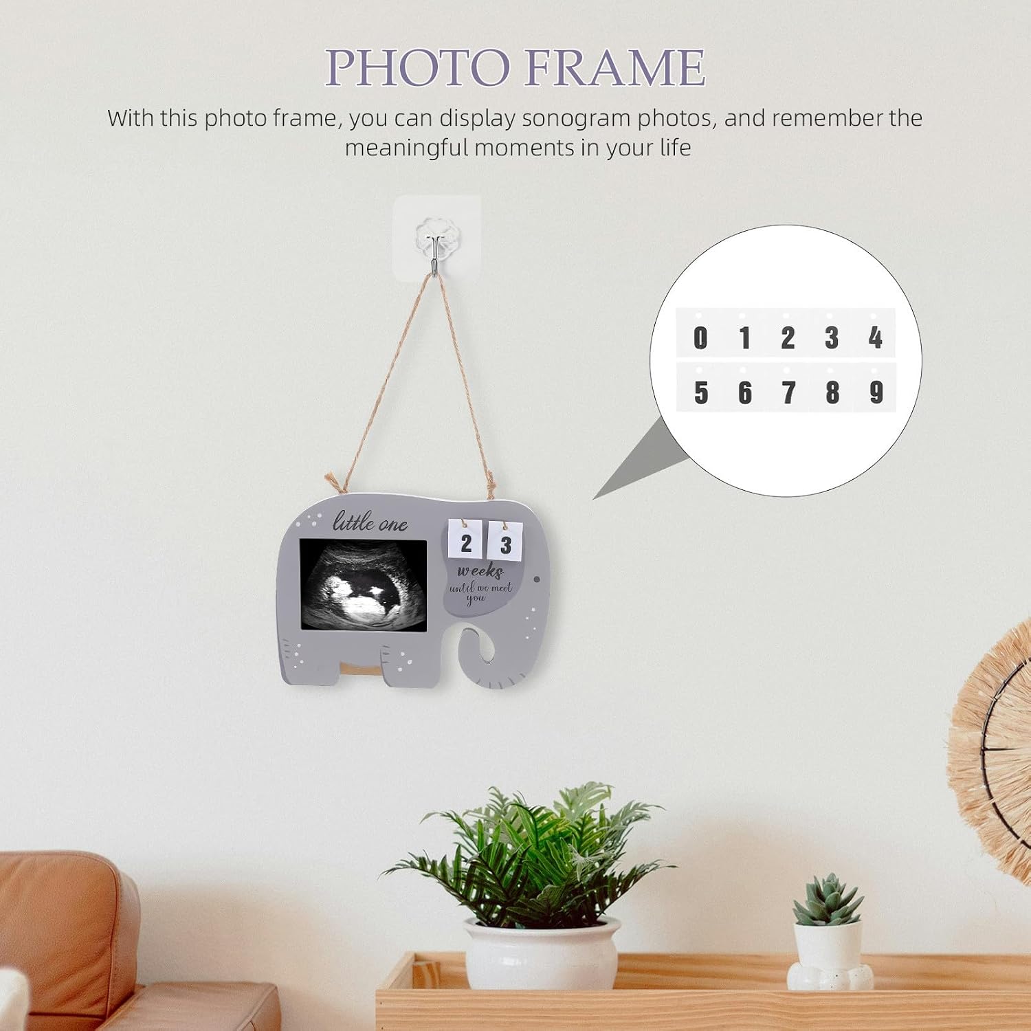 Wooden Sonogram Photo Frame with Elephant Design for Displaying Sonogram and Photos, Sturdy Material Table Decoration for Home Desk and Nursery Milestone Keepsake