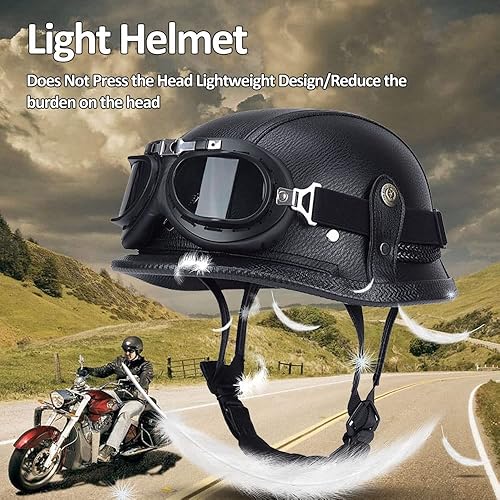 Miniatura 2 de Casco de media cara de cuero alemán para motocicleta, aprobado por DOT, casco de media carcasa + gafas, casco retro con hebilla ajustable de