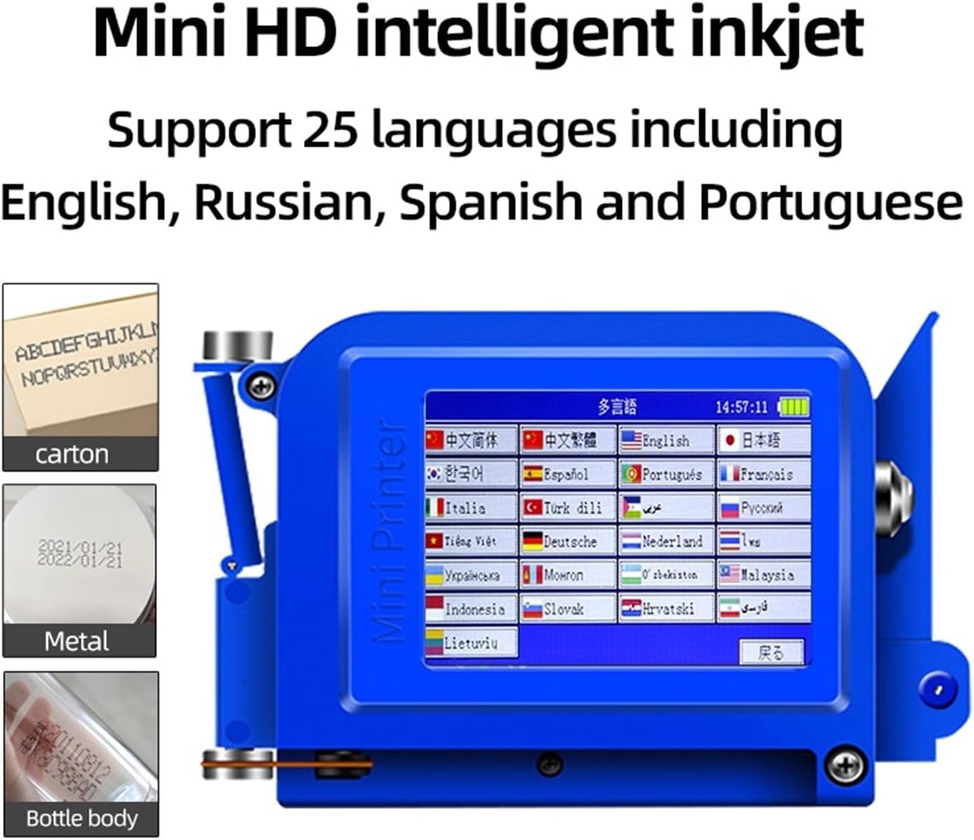 Portable Mini Inkjet Printer Production Date Qr Code Pattern Label Printing Machine Plastic Bottle Metal Glass Does Not Fade Multi-Format Printing,Blue-1 Printer-2 HD Ink