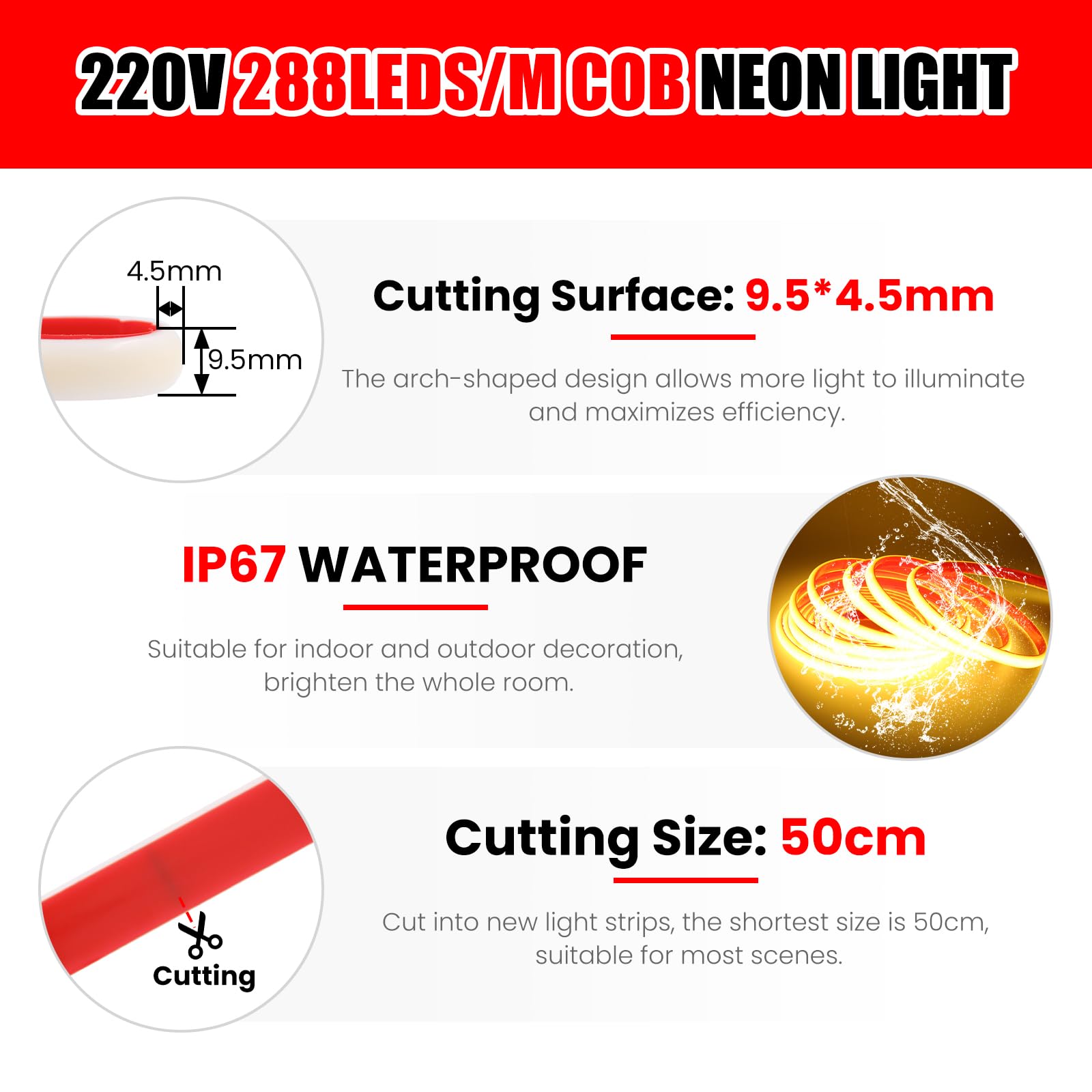 KISUFU Striscia LED COB Neon da 230 V, 288 LED/m, impermeabile, IP67, 50 cm, 220 V, autoadesiva, per Natale, camera da letto, fai da te, vacanze, per una festa all'aperto.