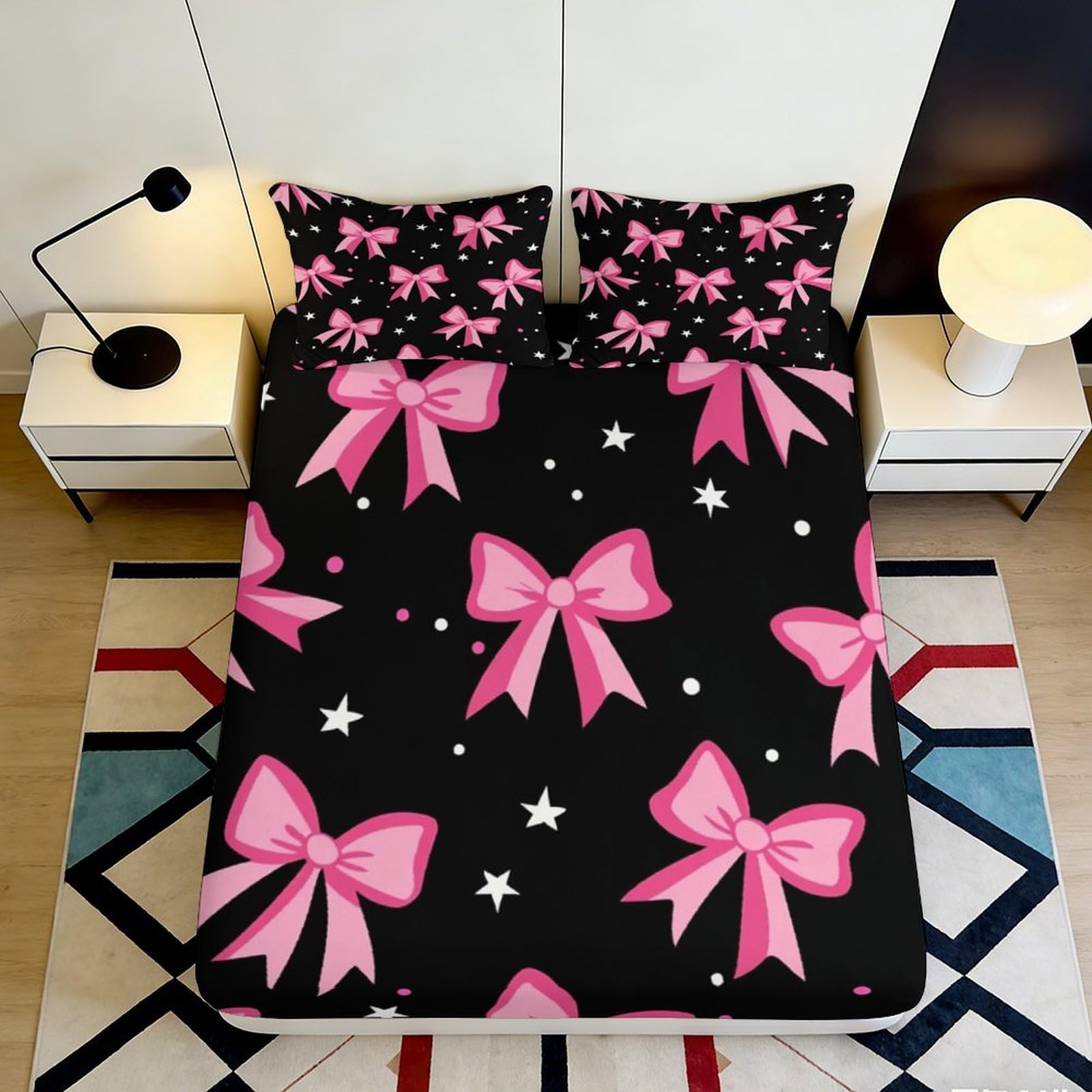 Jqzkxnhpbr Style-4 3D Printed Pink Ribbon Fitted Sheet Microfiber Decorative Star Bow Mattress Cover For Bedroom Dorm Guest Room 90X200x25cm