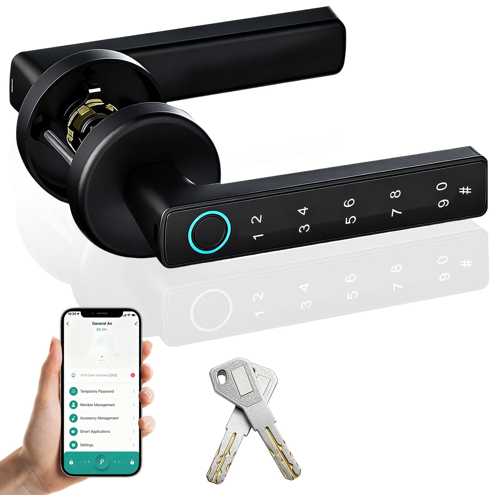 Serrure de porte intelligente, serrure de porte d'entrée à empreintes digitales, serrure de poignée de porte numérique avec diffusion vocale, déverrouillage par application, deux clés, convient pour
