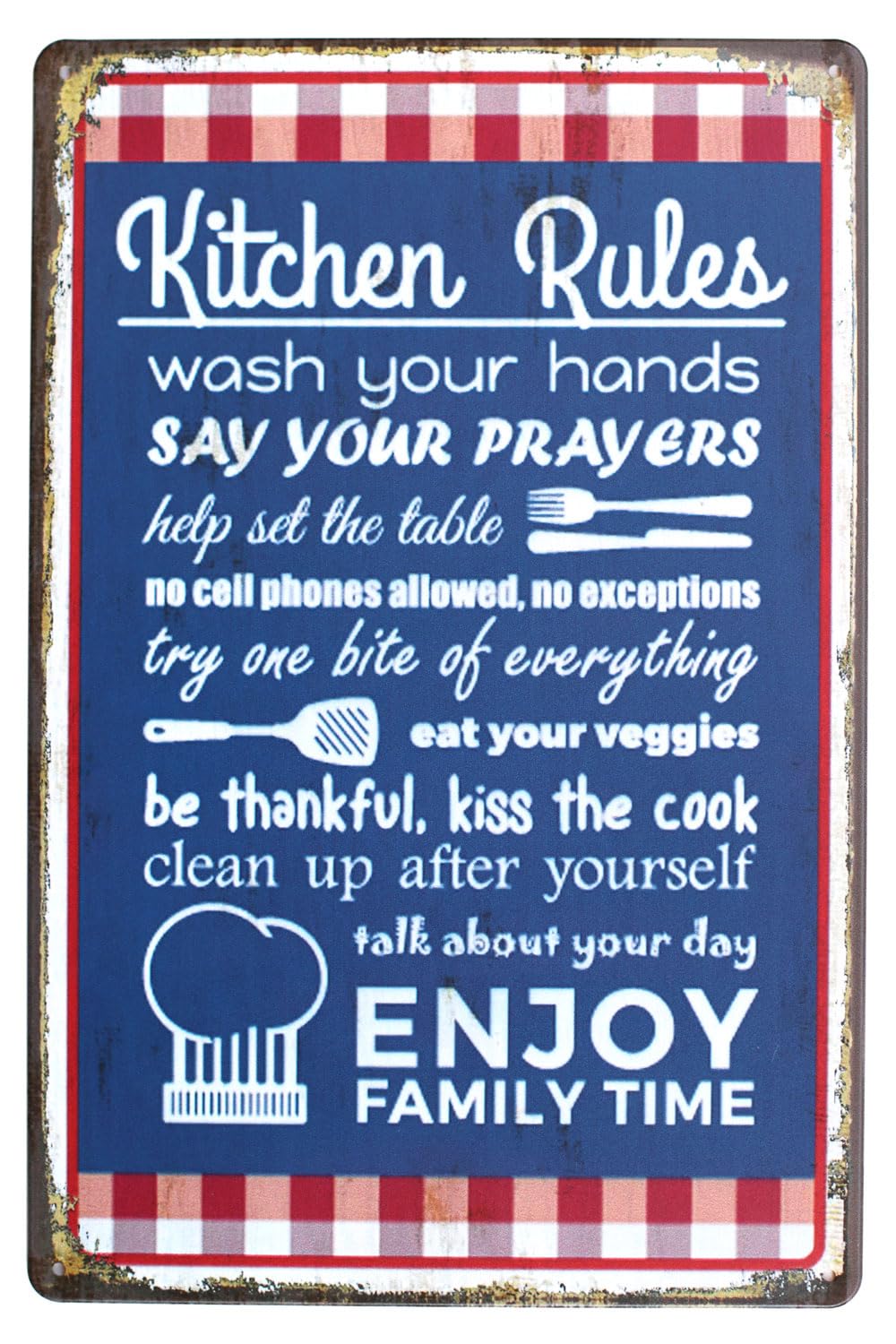 SUMIK Kitchen Rules Wash Your Hands, Metal Tin Sign, Vintage Art Poster Plaque Home Wall Decor (Blue)