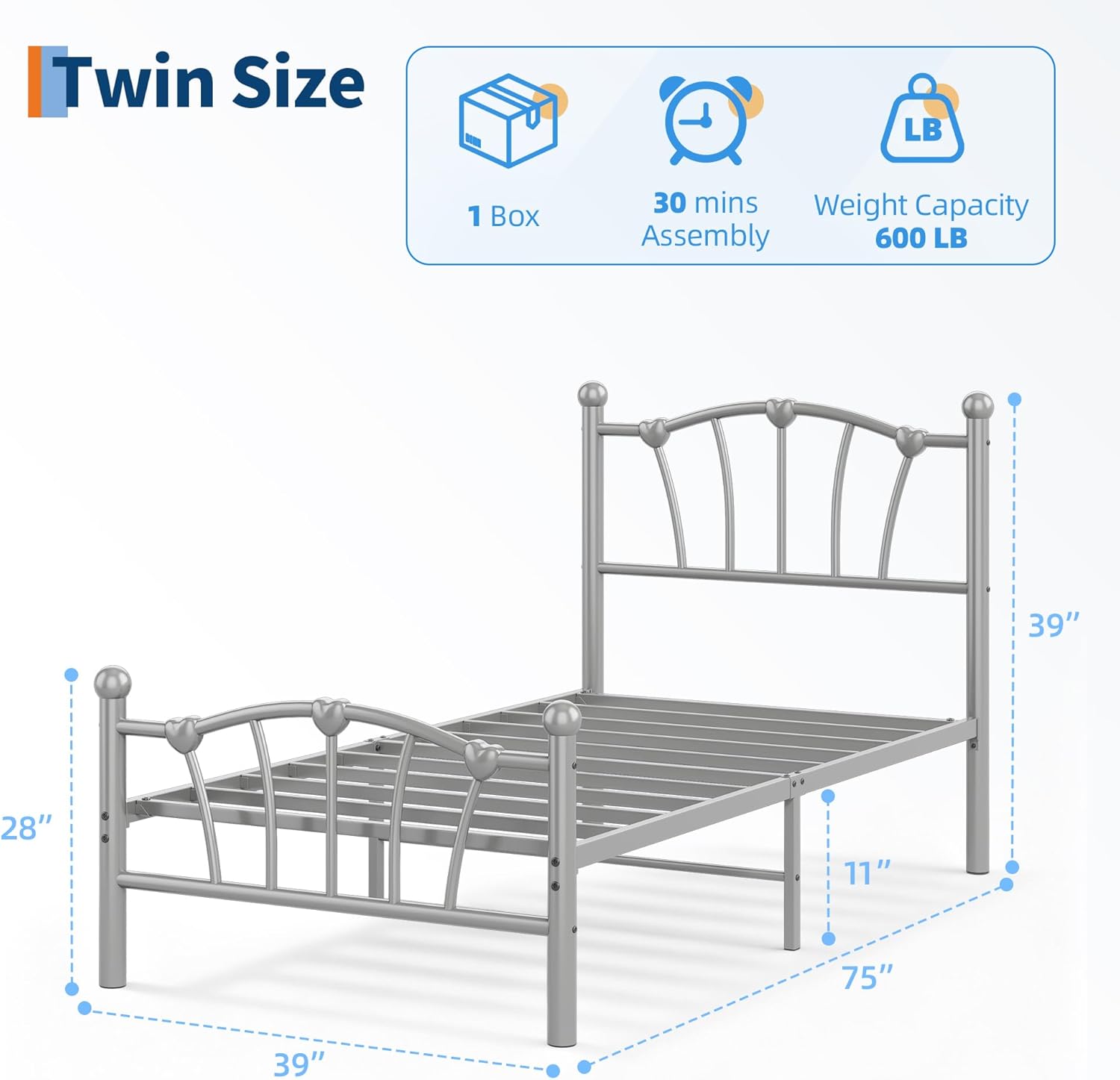 GarveeHome Twin Size Bed Frame, Heart Shaped Metal Bed Frame with Headboard and Footboard, Platform Bed Frame with Sturdy Slat Support, Underbed Storage Space, No Box Spring Needed, Grey