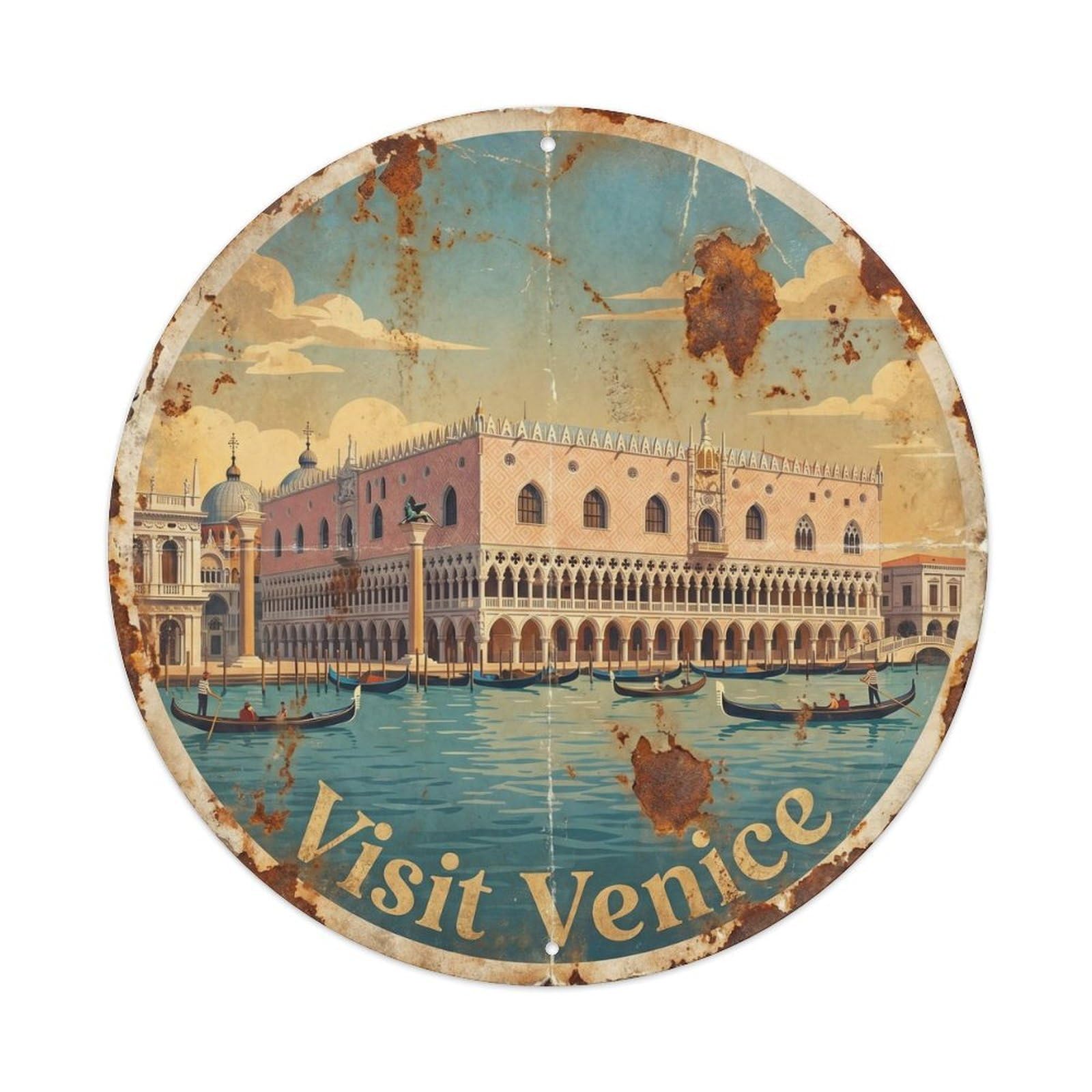 Venezia Palace Architecture Italian Heritage Tourism Classic Metal Tin Sign Plaque Wall Decor for Cafe, Man Cave, Club Bar, Office, Home Garden Round Metal Poster 8x8Inch