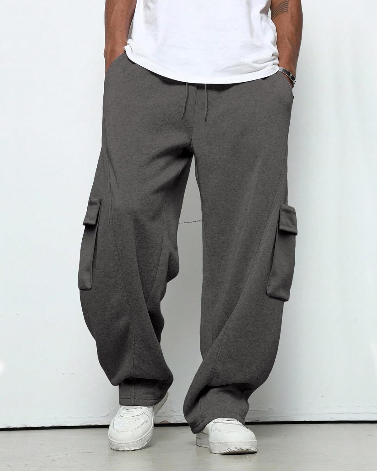 BUXKR Men's Baggy Sweatpants Wide Leg Fleece Casual Joggers Cotton Loose Drawstring Elastic Waist Pants with Pockets - Image 4