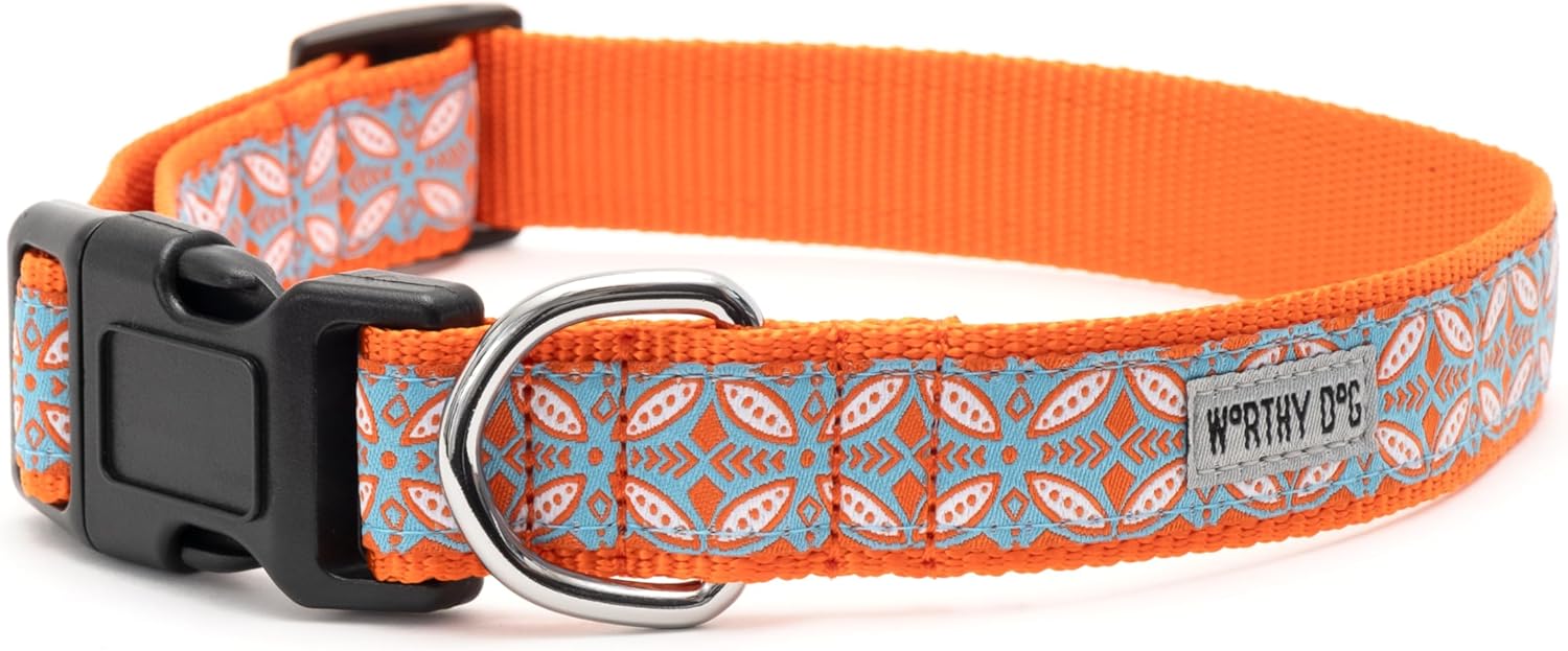 THE WORTHY DOG Collar for Large Dogs, Adjusts 15-21 inches, Durable Nylon Webbing, Quick Release Buckle, Stamp Print Pattern Coral, Large