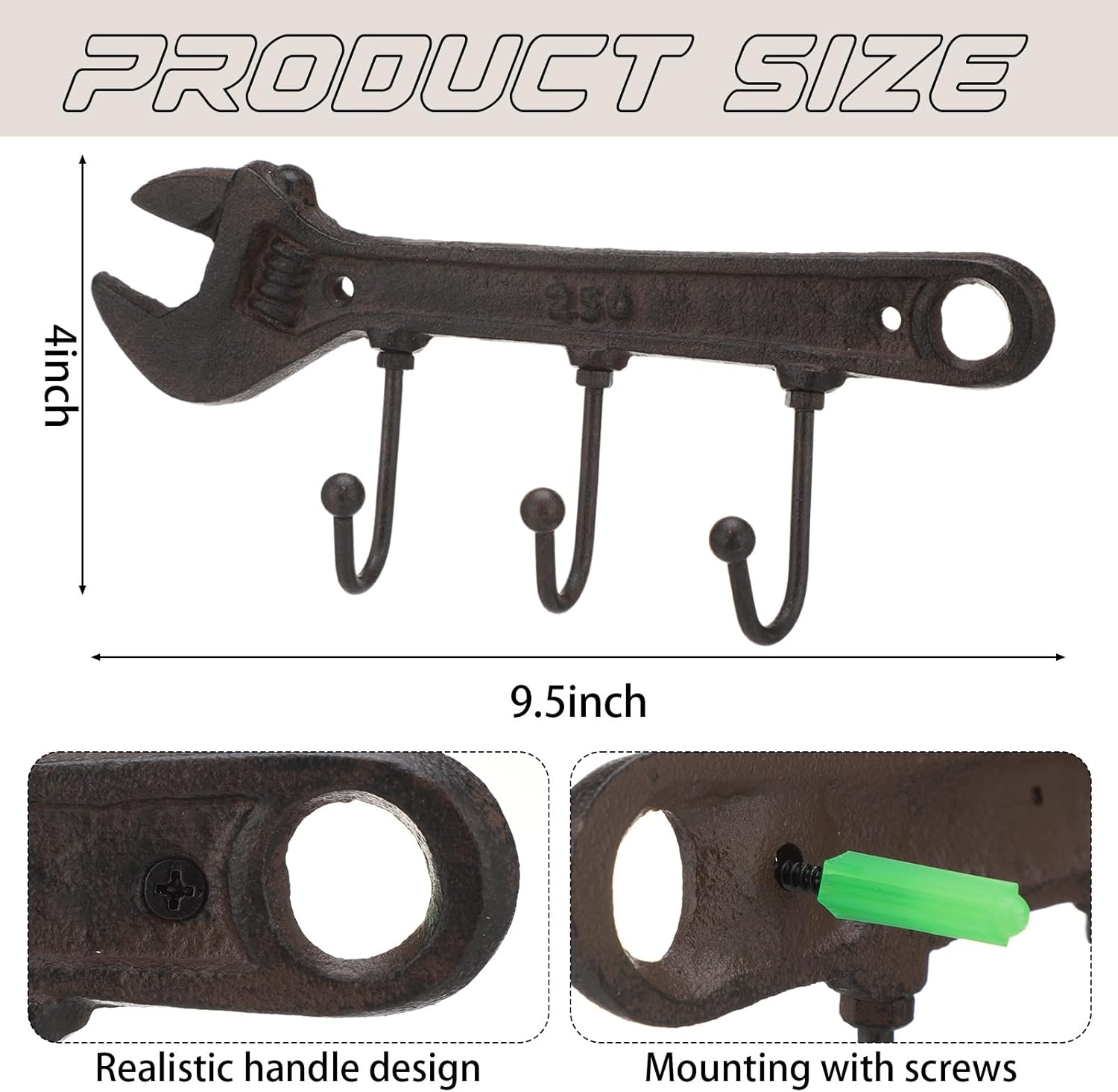 3 Pcs Vintage Key Rack Holder Hooks Wrench Spanner Shape Decorative Wall Mounted Garage Tool Holder Coat Hat Hooks Rack Hanger for Bedroom Car Themed Room Decor