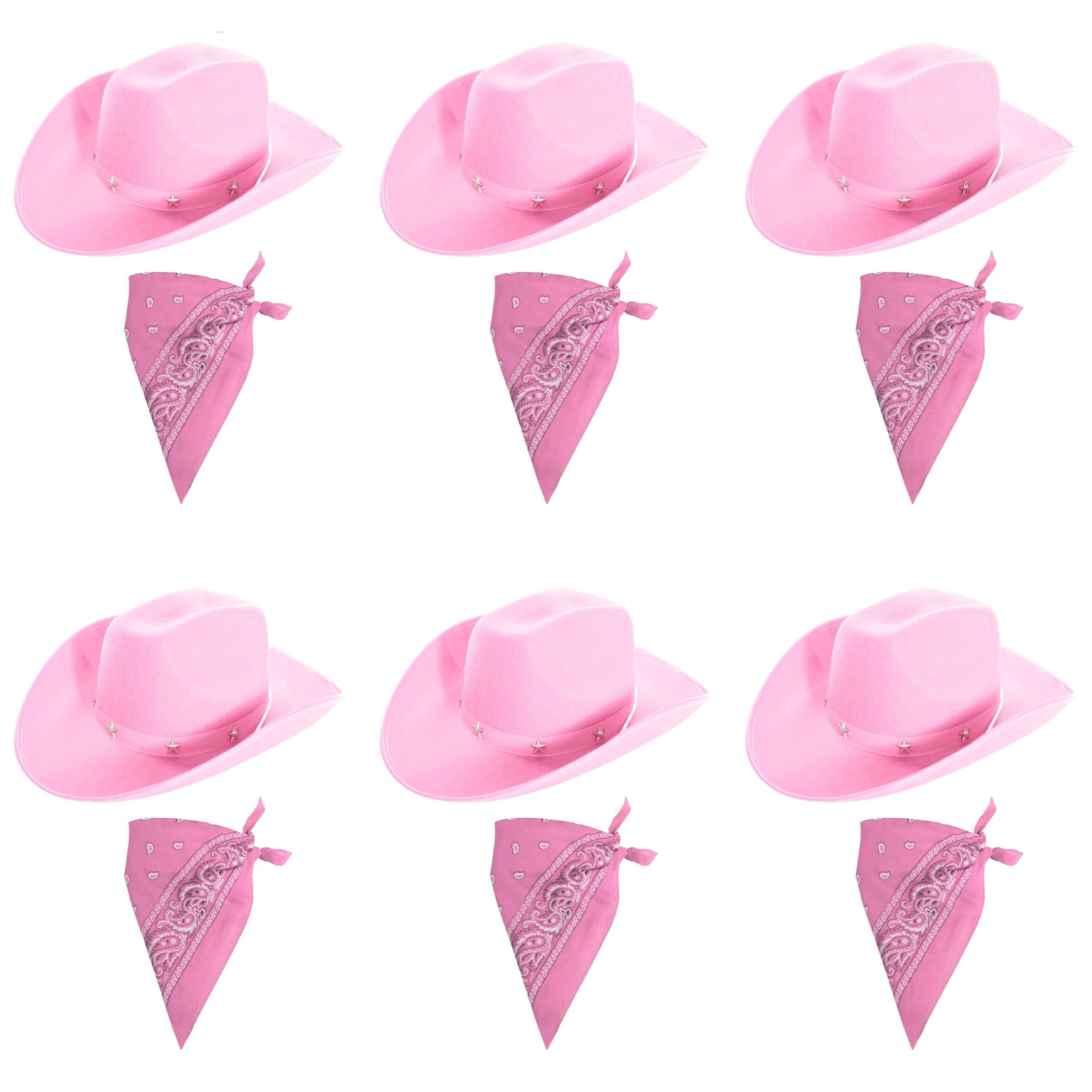 Adults Pink Cowboy Accessory Set - Pack of 6 - Pink Star-Studded Cowboy Hat + Matching Paisley Bandana - Ladies Hen Night Cowgirl Western Fancy Dress Costume Accessory Set