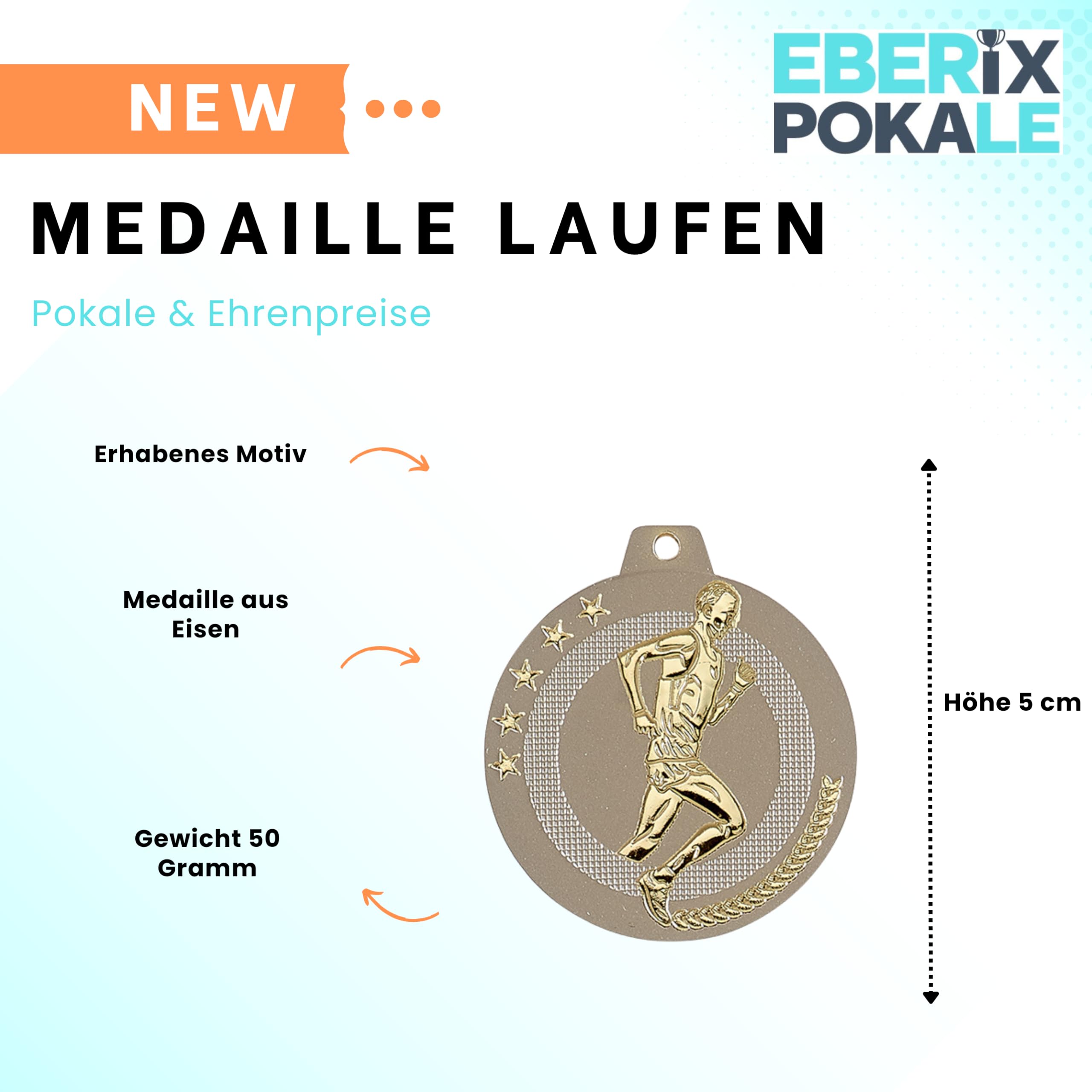 Laufmedaille 50 mm, Sportmedaille aus Eisen, Auszeichnung für Laufveranstaltungen, Marathon, Firmenlauf & Leichtathletik, Medaillon für Sieger | Aus Eisen