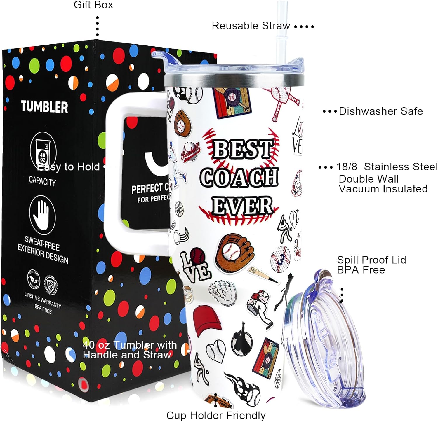 Baseball Coach Cup 40 oz Tumbler with Handle and Straw Lid Leak Proof - Baseball Cup for Baseball Coach Gifts for Men - Stainless Steel Cup Dishwasher Safe - Image 2