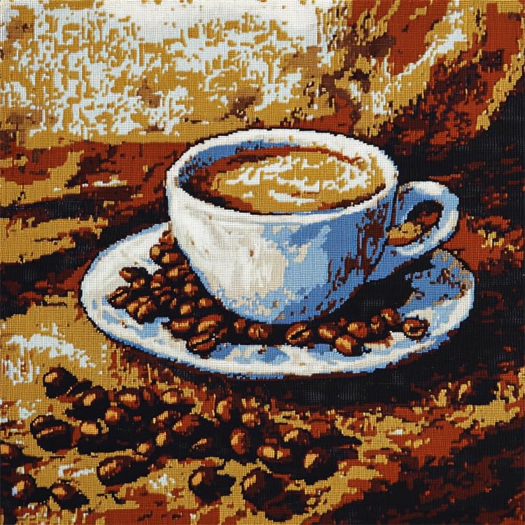 WallustrioaW Kit de cojín de gancho de pestillo,Taza de café y granos de café,kits de bordado,kits de gancho de pestillo para principiantes adultos,navidad/regalos,43x43cm