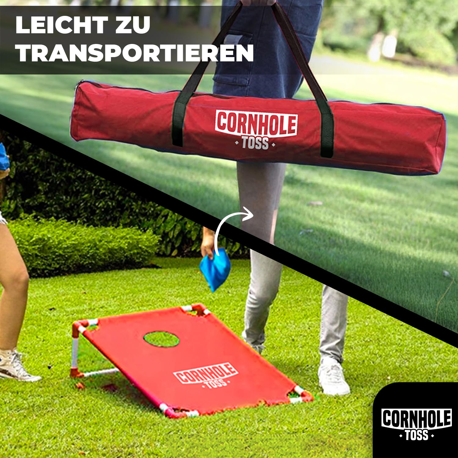 Cornhole Toss – Leicht & Faltbar aus Stoff 90×60 cm – Set mit 2 Boards + 8 Säcken + Tragetasche – Wurfspiel für draußen, Garten, Events – Original Corner