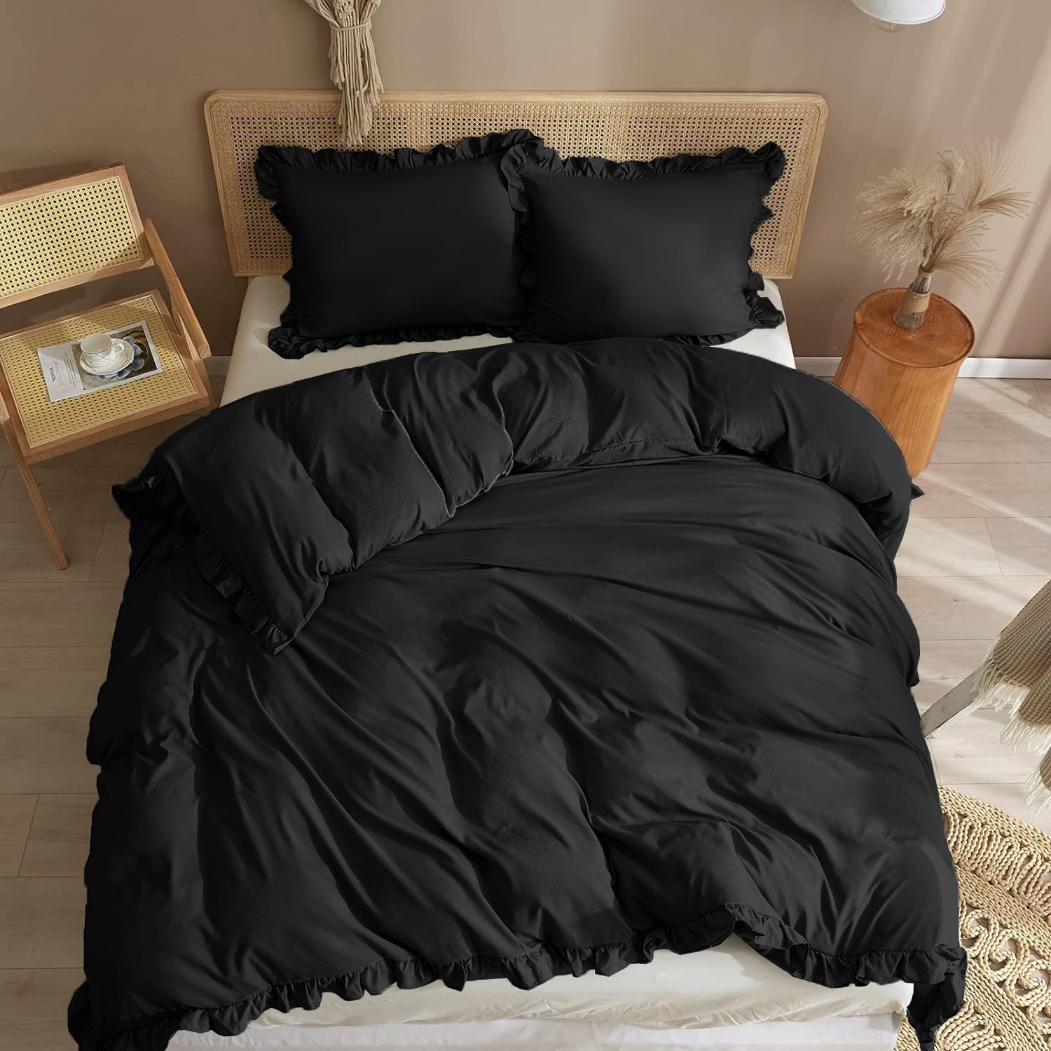 Rüschen Bettwäsche 135x200 4teilig Schwarz Uni Romantische Rüschenbettwäsche Set Einzelbett Weich Bettbezug Mikrofaser 2 Deckenbezug mit 2 Kissenbezug 80x80 cm Reißverschluss