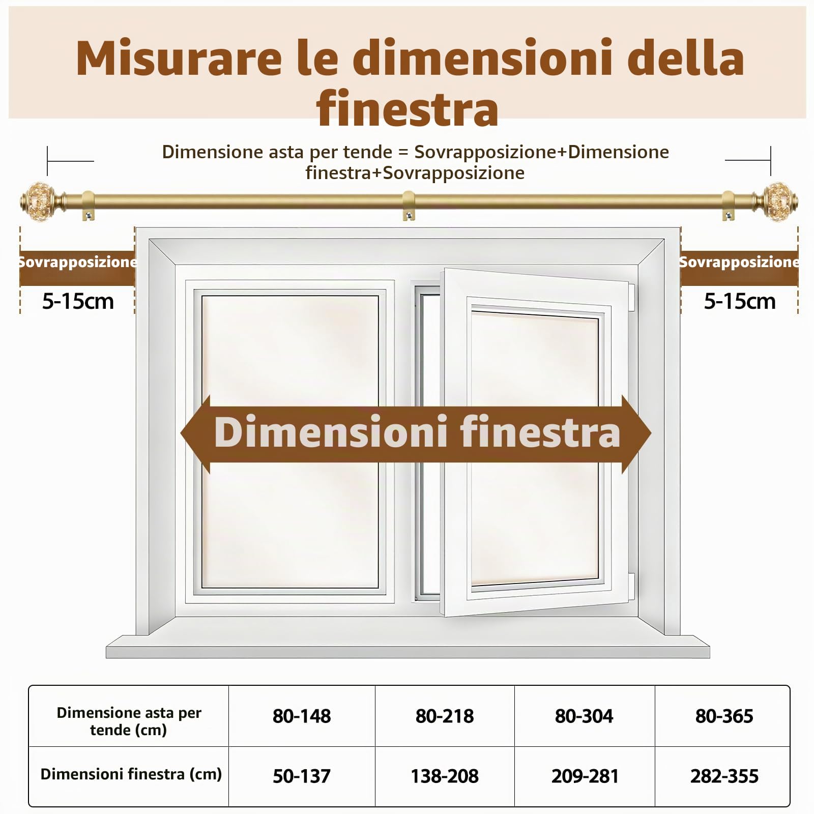 USFOOK, aste per tende telescopiche da 2,2 cm, per finestre da 182 cm a 366 cm, estensibili da 81 cm a 366 cm, con giunzioni e terminali brillanti decorativi, oro