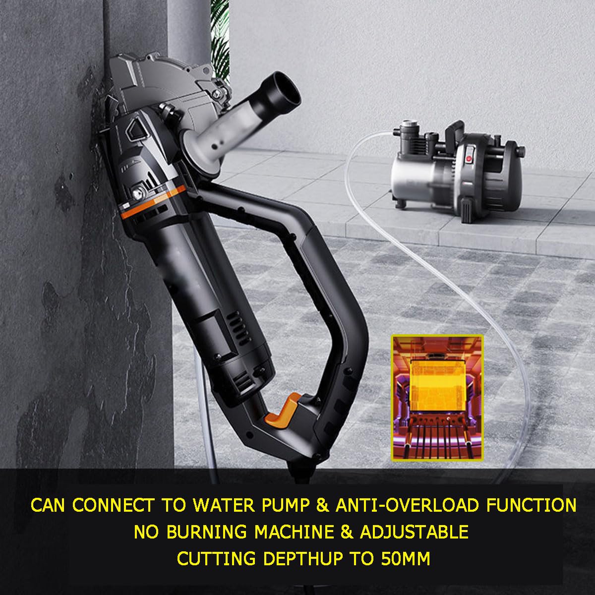 Rascador de Pared eléctrico de 3500 W, máquina de Corte de hormigón portátil con Sierra de 156 mm, Profundidad de ranurado de 55 mm, 7500 RPM, conectable a Bomba de Agua.
