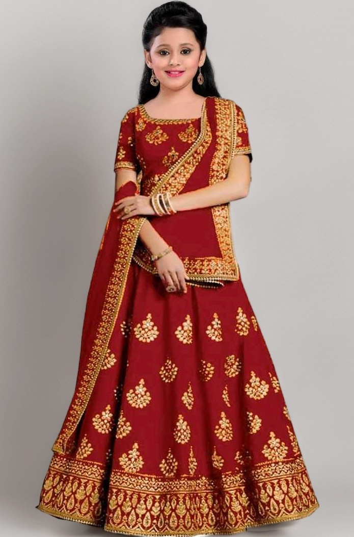 The Fashion Prime Girl's Taffeta Satin Fabrics Embroidery Work Semi-Stitched Lehenga Choli (2-16 Year)