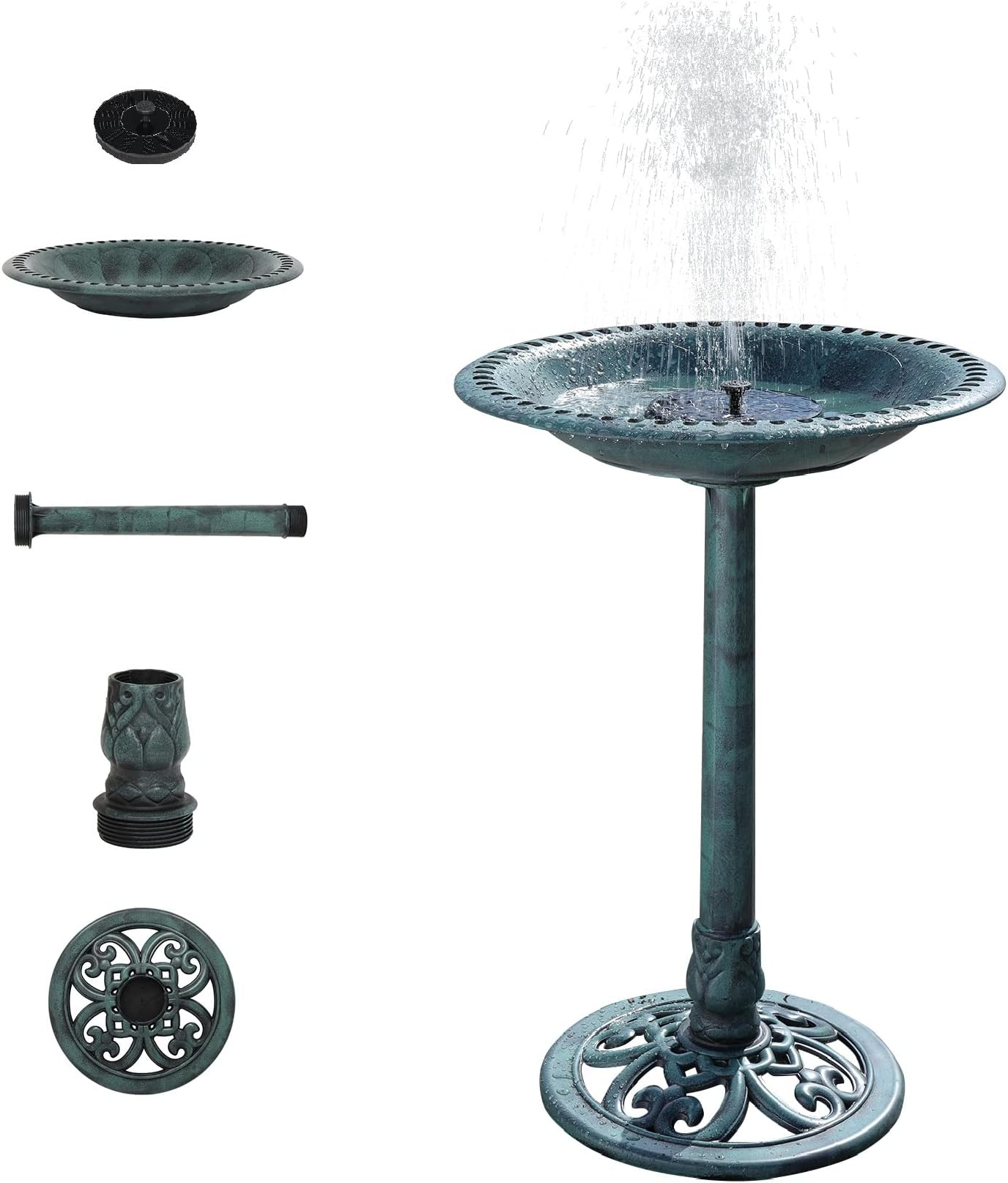 28 Inch Pedestal Bird Bath Solar Fountain Birdbaths with Steel Ground Anchors Weather Resistant Resin Antique Green Garden Decor for Outdoor Lightweight Courtyard…