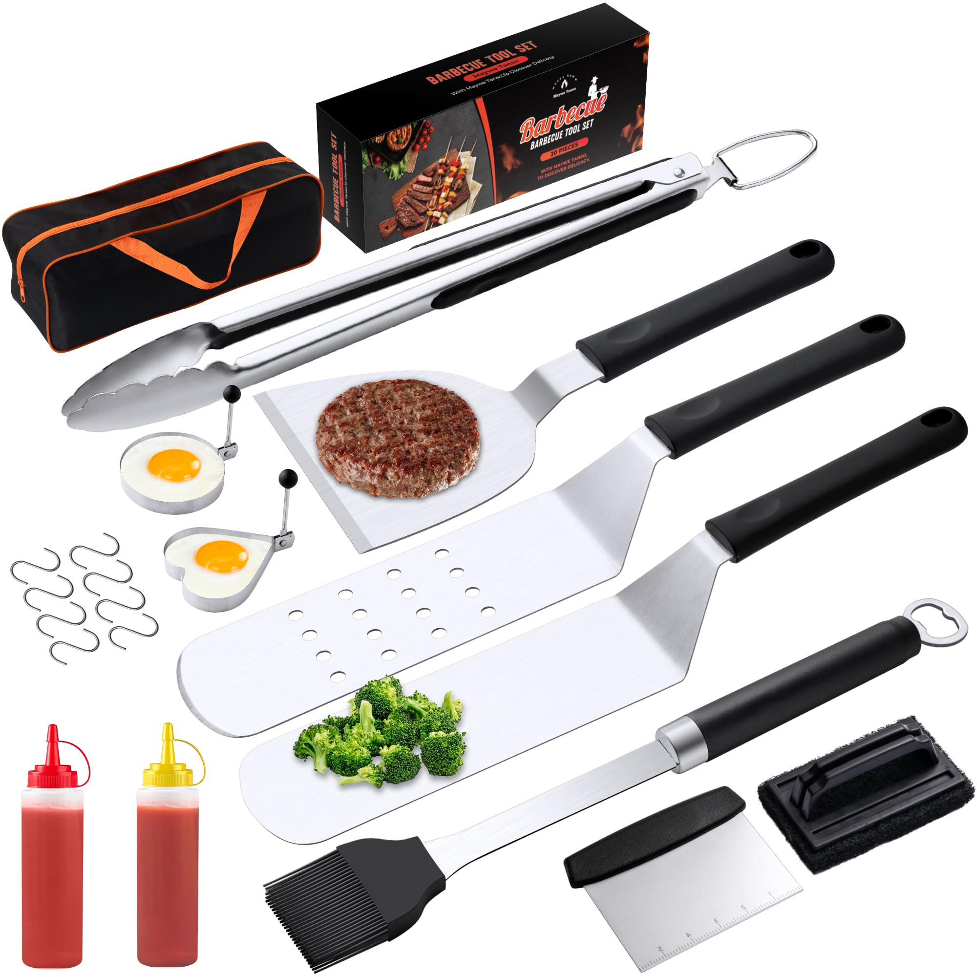 Kit de accesorios para plancha, juego de 20 espátulas de metal de acero inoxidable, juego de utensilios de espátula para barbacoa con bolsa de almacenamiento, juego de espátulas profesionales para