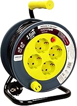 Orno AE-1339 Mini Tambor De Cable 15m con 4 tomas de corriente, soporte de metal y protección térmica (Amarillo)