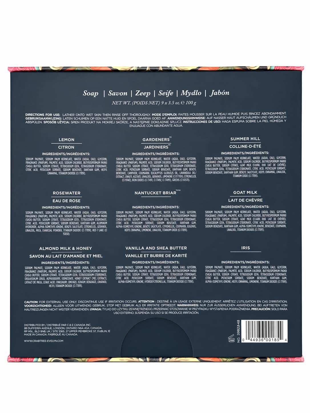 Crabtree & Evelyn Triple Milled Bar Soap 9 Pc Set 3.5 oz Each (Gardeners, Summer Hill, Nantucket, Iris, Goat Milk, Rosewater, Citron, Almond & Honey, Vanilla & Shea Butter)