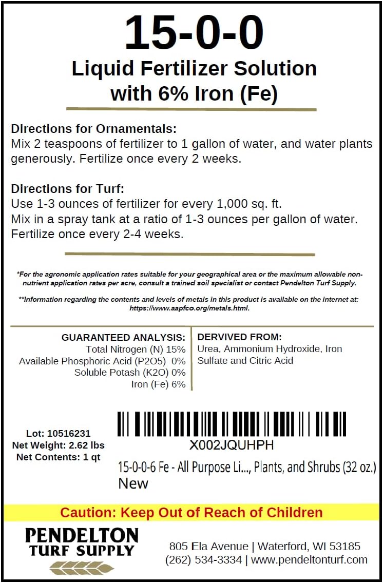 Pendelton Turf Supply Inc. 15-0-0-6 Fe All Purpose Liquid Iron Fertilizer Solution for Darker, Greener Turf, Plants, and Shrubs (32 oz.)