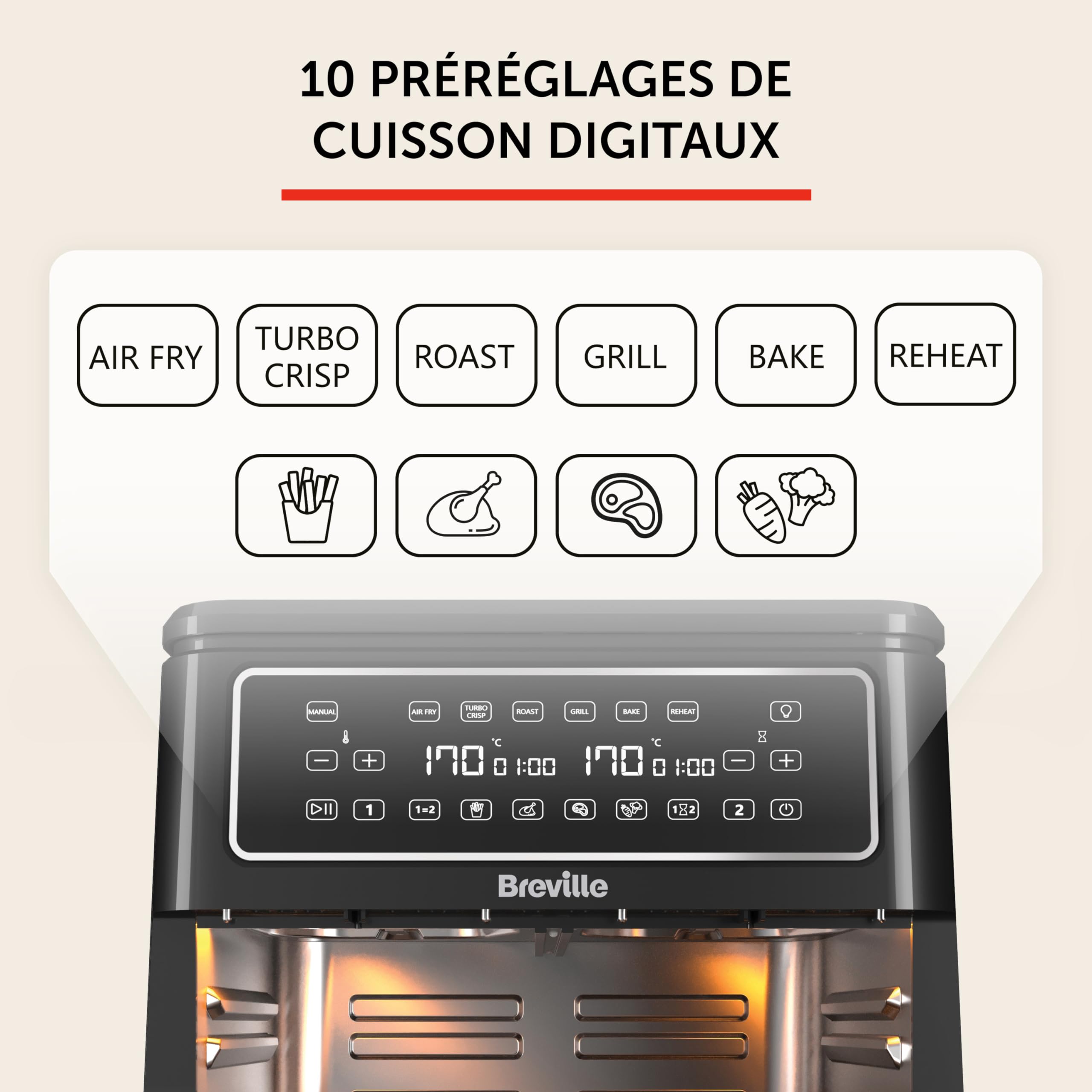 Breville Heißluftfritteuse Halo Flexi | Digitale Doppelkammer-Heißluftfritteuse | 11 l Air Fryer: Für mehr als 10 Personen | FrittierenBackenGrillenBratenRöstenAufwärmen | 2400 W [VDF130X]