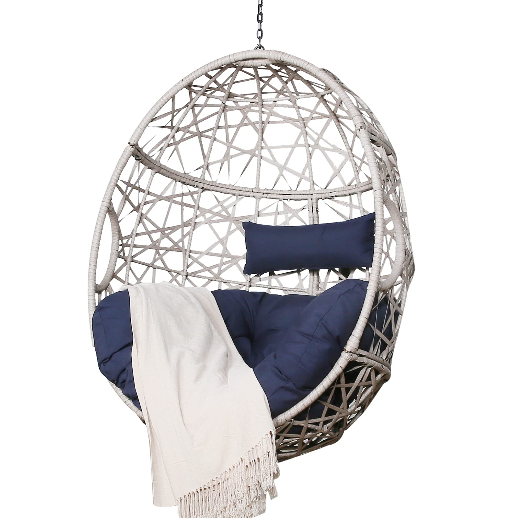 Ulax furnitureEgg Chair, Hanging Swing Chair, Outdoor Patio Wicker Tear Drop Egg Chair with Cushion (Navy)