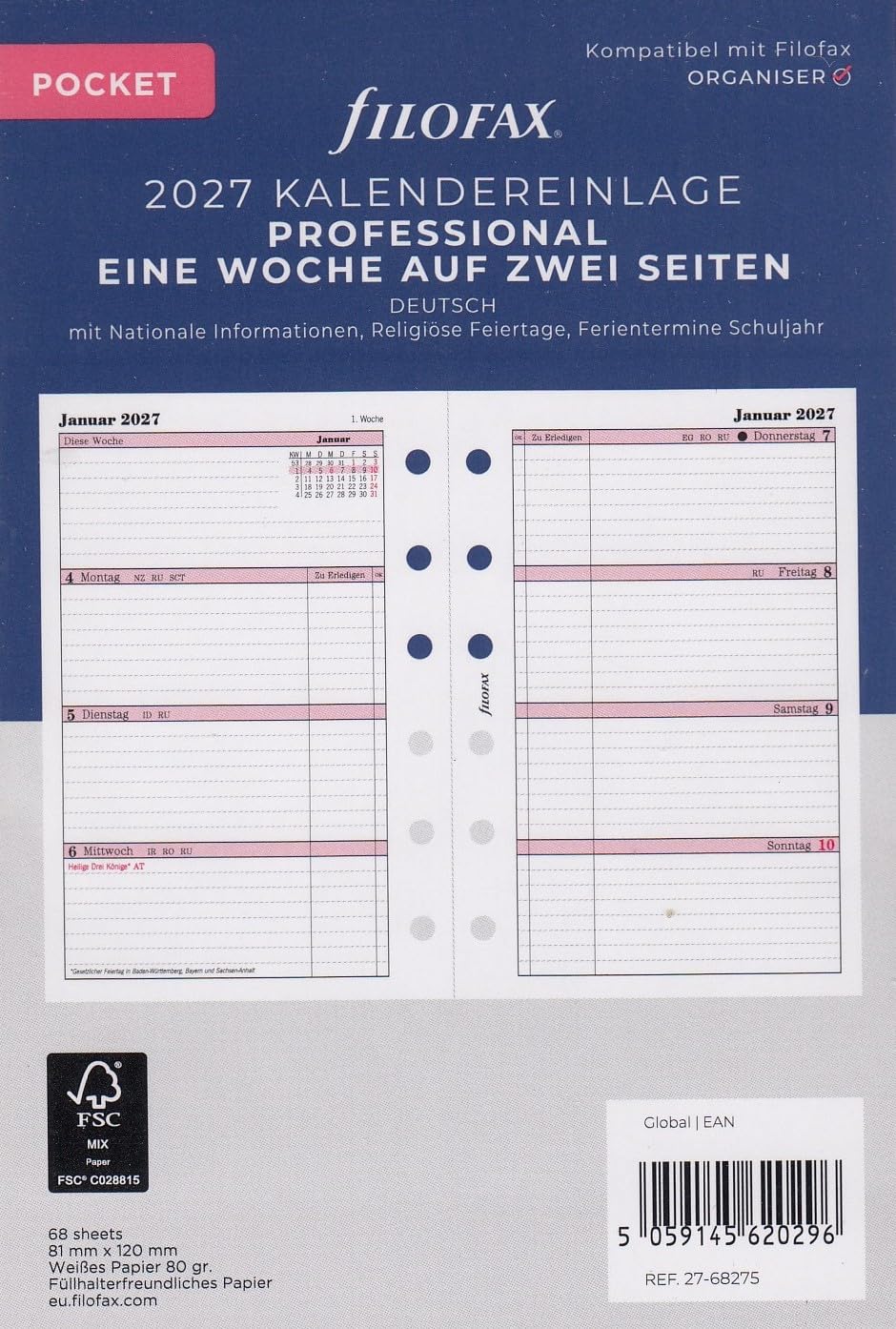 Filofax Pocket Professional Calendar Insert 1 Week on 2 Pages German 2027
