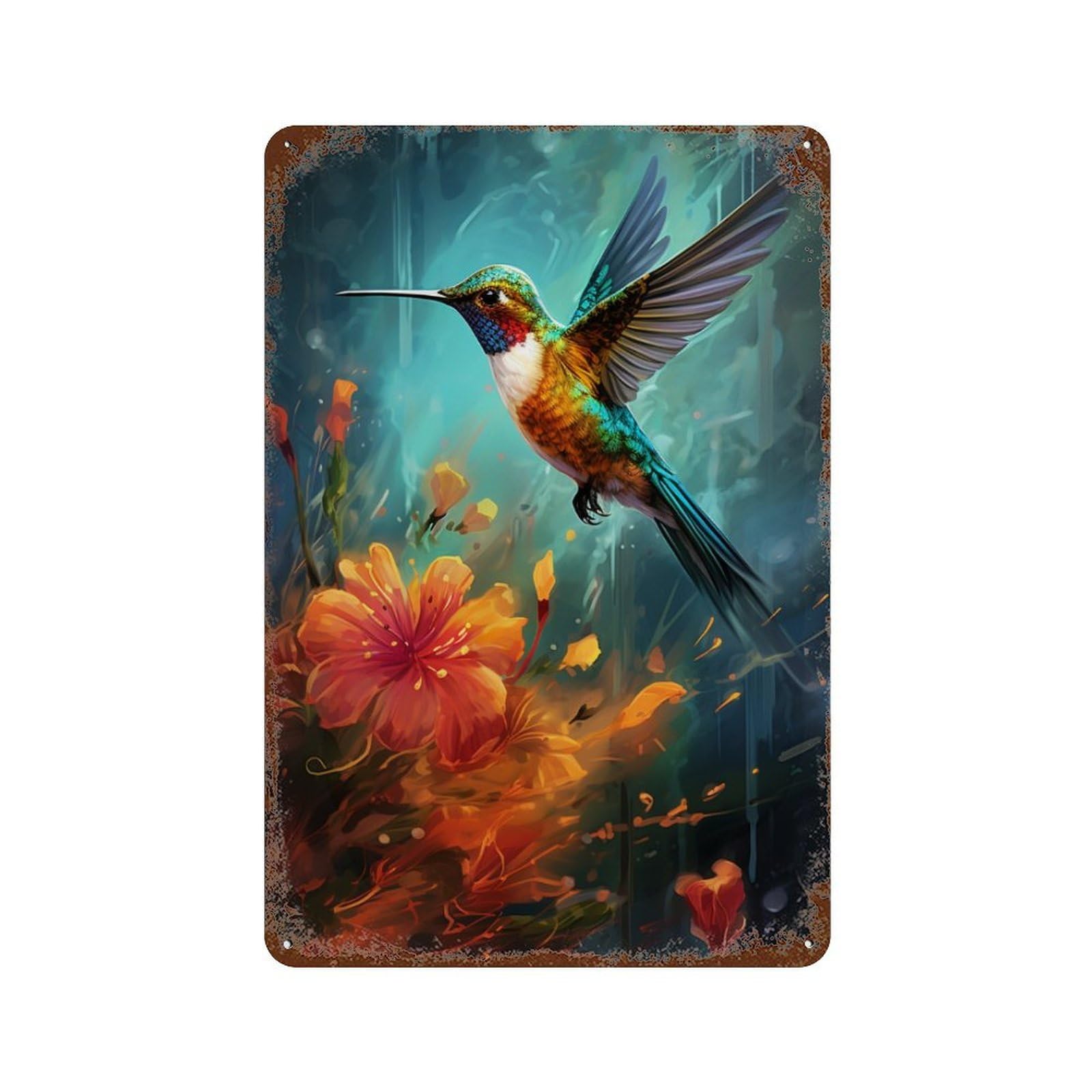 Garage Style Hummingbird in Flowers-1 Rustic Tin Plaque 11.8"x7.9", Vintage Wall Decor for Bar And Workshop
