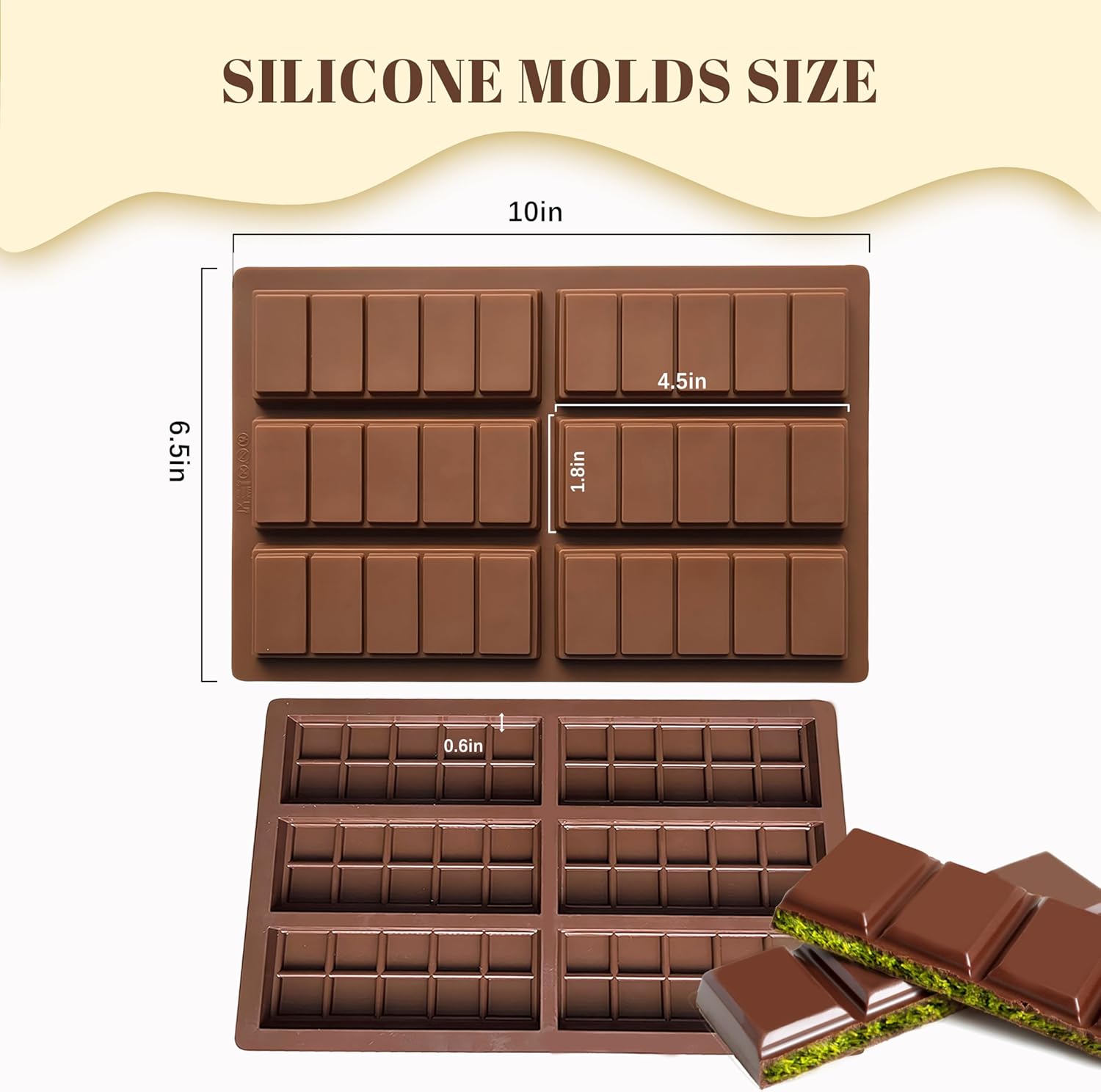 2 Pack Chocolate Bar Mold Deep for Stuffed Bar, Non-Stick Thick Chocolate Molds, Silicone Chocolate Candy Molds for Knafeh Pistachio Chocolate Bar, Candy, DIY Handmade Gifts (5 Snap+10 Snap) - Image 2