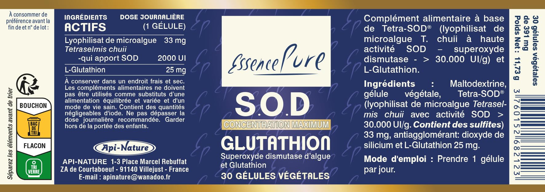 SOD Glutathion Essence Pure - Superoxyde Dismutase D'Algues et Glutathion - Antioxydant Aux Extraits Brevetés - 30 gélules Végétaliennes par Api-Nature