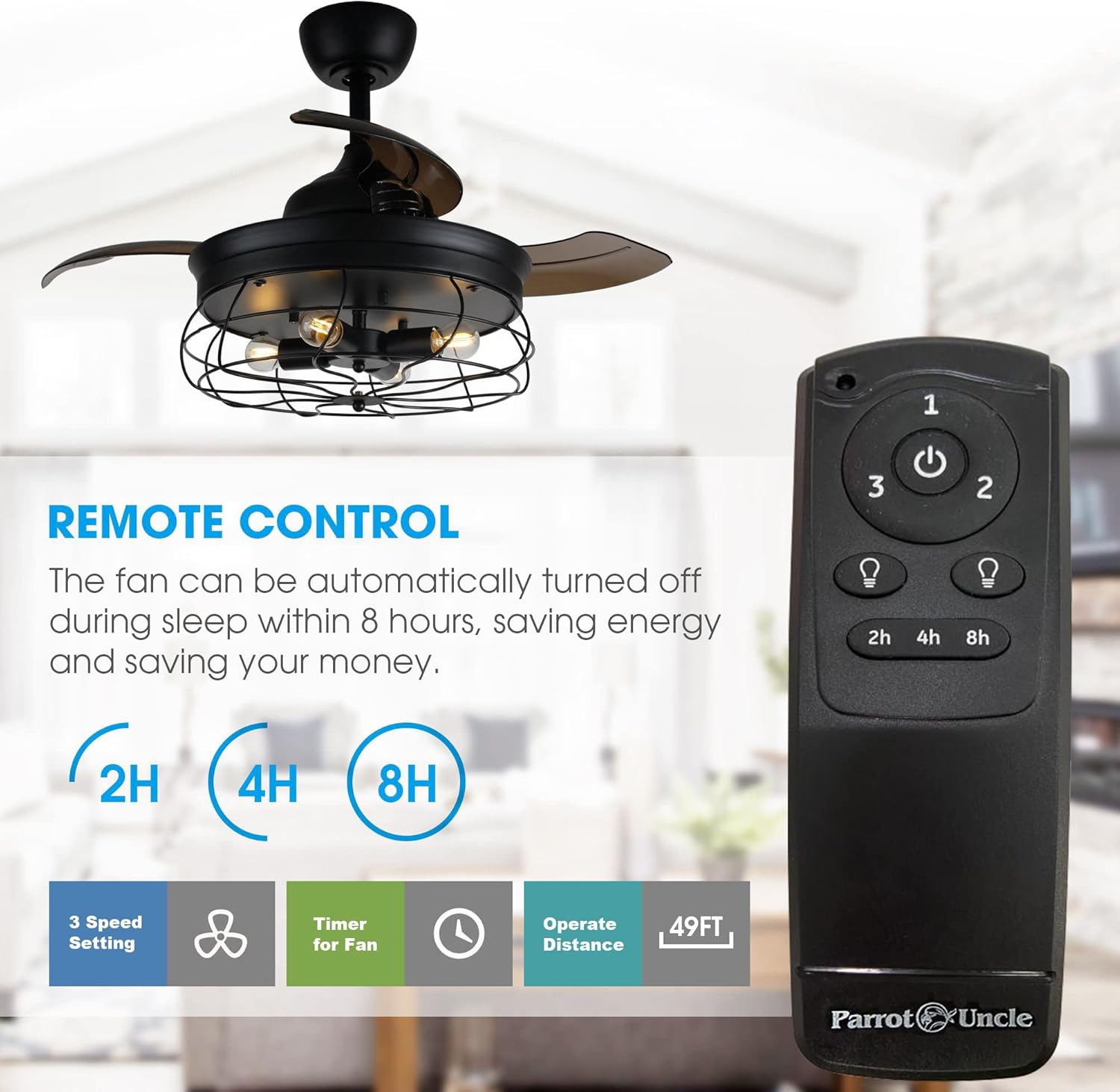 Parrot Uncle Ceiling Fans with Lights and Remote Black Bedroom Ceiling Fan with Light and Retractable Blades, 36 Inch