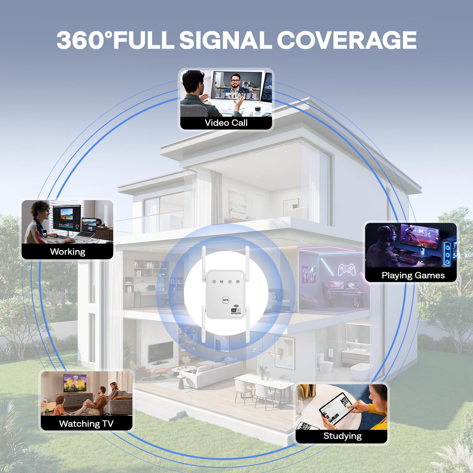 Gorzhesua 1200Mbps WiFi Extender featuring four external antennas for enhanced signal projection.