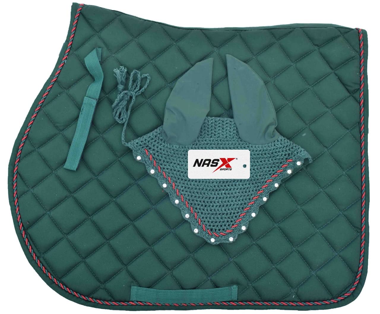 Saddle Pads with Matching Diamante Set Fly Veil Bonnet Ear bonnet Padded Numnah (FULL, Dark Green) — image 1