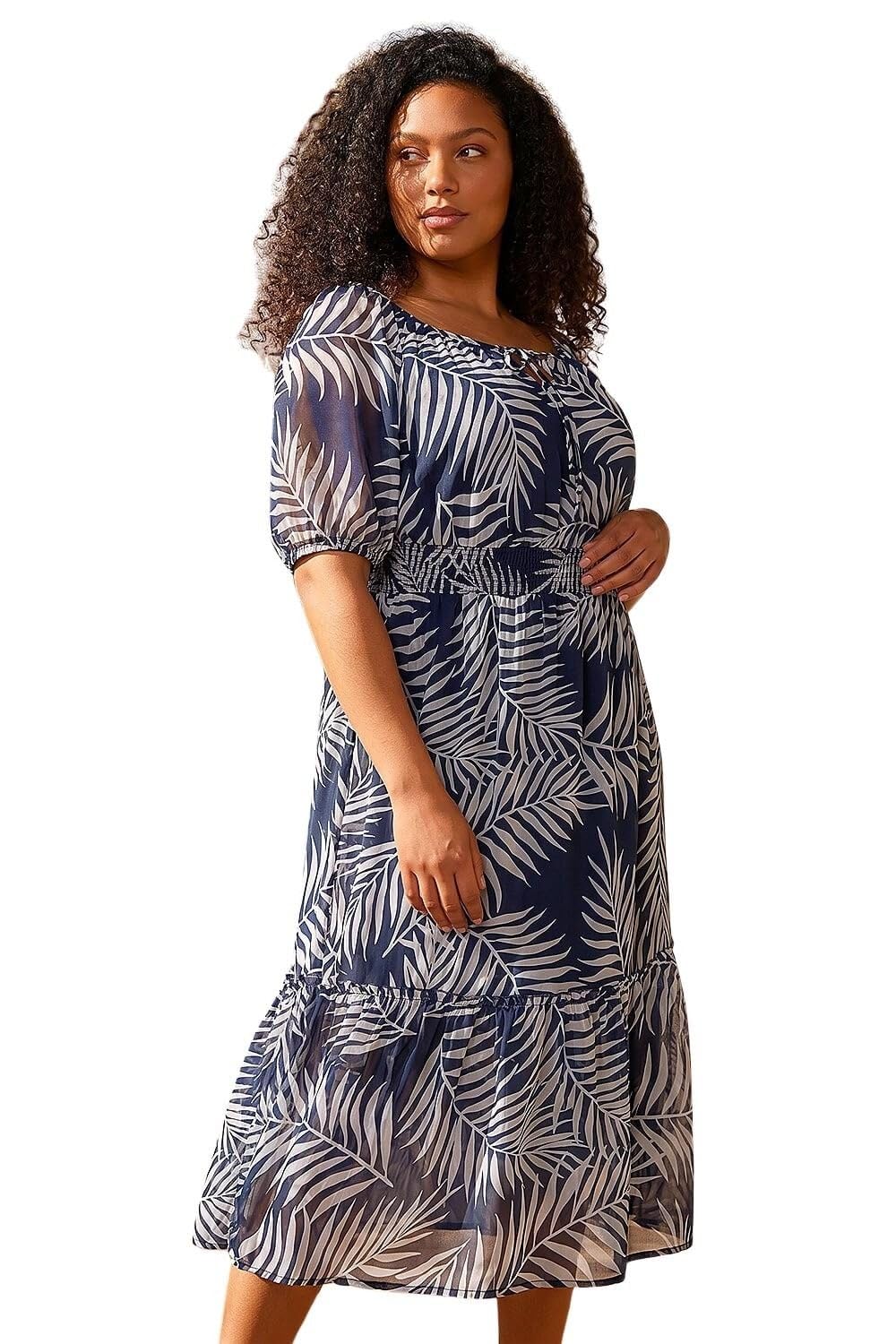 Roman Originals Women's Navy Plus Roman Curve Tropical Print Tie Neck Midi Dress For Uk - Spring Everyday Summer Holiday Short Sleeve Soft Swing Comfy Floral Frock Dinner Date Gowns - Size 20