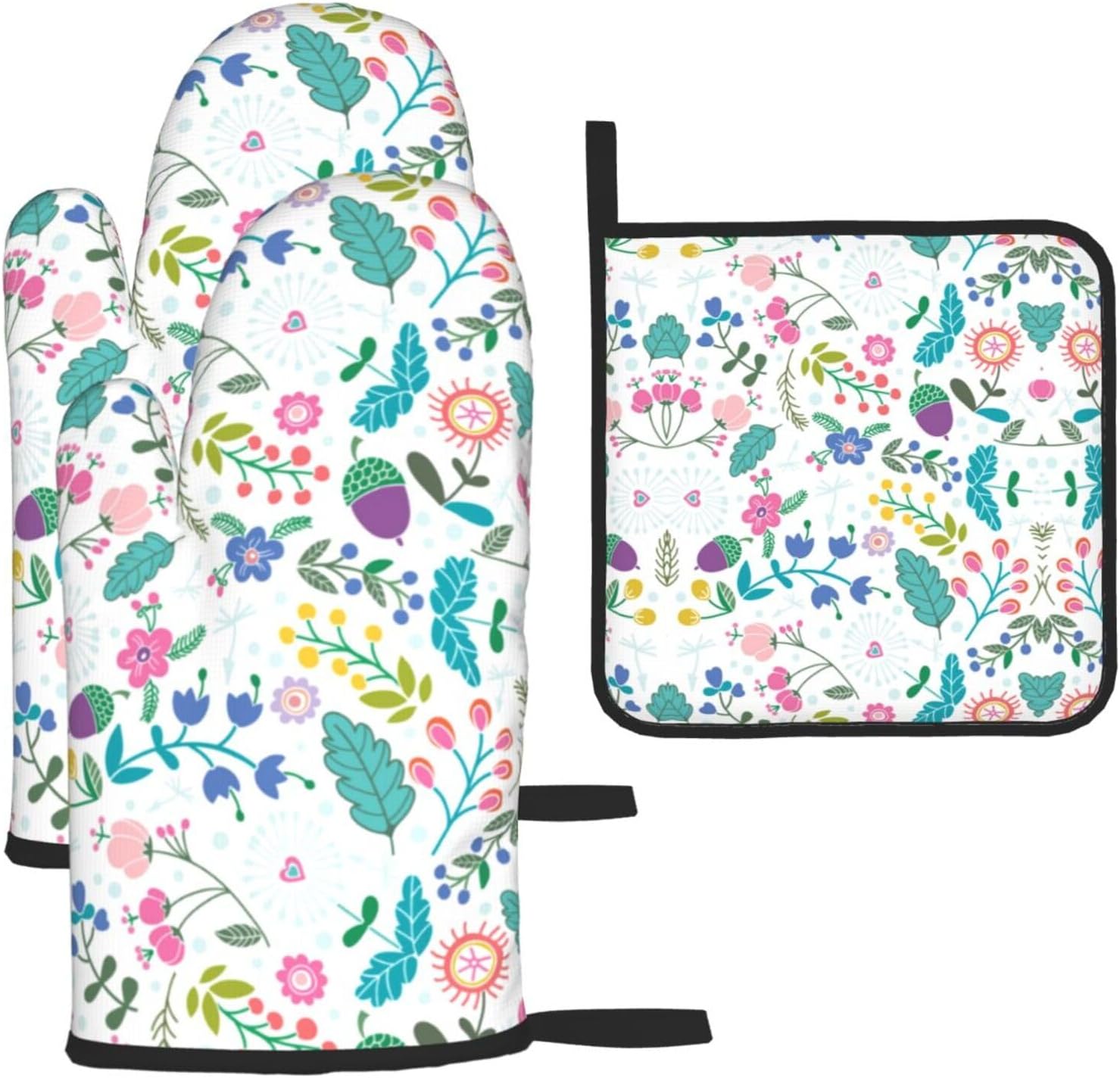 Colored Doodle Flowers Print Heat Resistant Microwave Gloves, Used for Baking, Cooking, and Fashion Kitchen Essentials