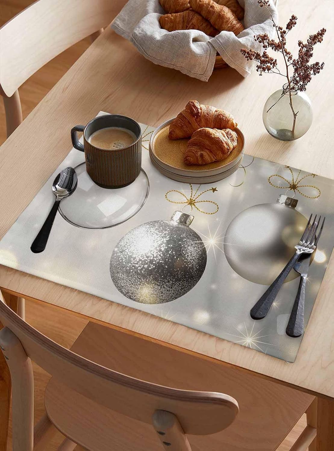 Christmas Balls Placemats for Dining Table Set of 6, Cotton Linen Cloth for Square/Rectangle/Round Table Mat Placemat, Kitchen Dinner Holiday Décor Gradual Silver White Star Snowflake