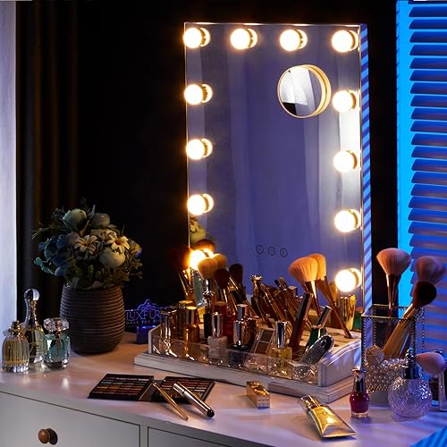 Tocador de mesa LUXFURNI para maquillaje estilo Hollywood con espejo y regulador de luz táctil control de 12 luces LED fríocálido estante