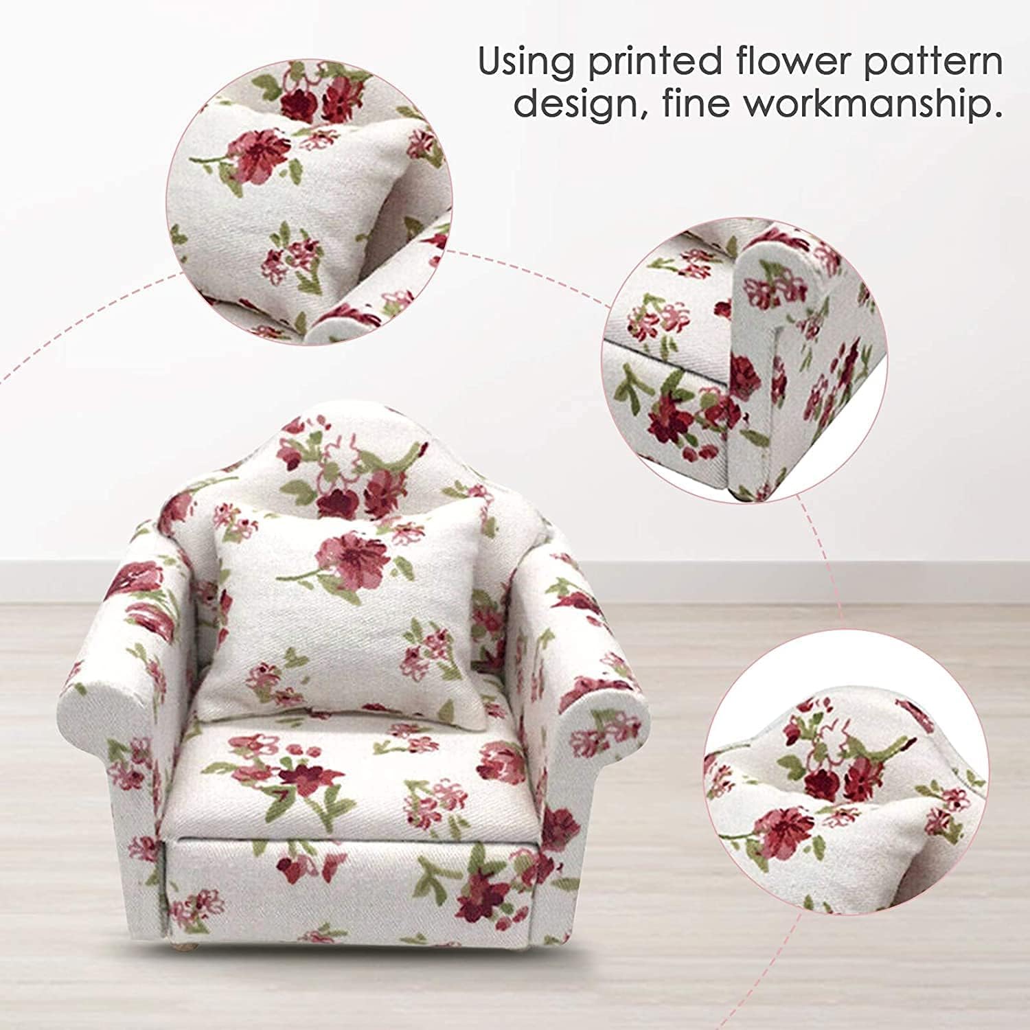 LATRAT Sofa do domku dla lalek, 1:12, miniaturowy model mebli, chusta z wzorem kwiatowym, kanapa, fotel z poduszkami, akcesoria, wzór kwiatowy, zestaw mini mebli, sofa z poduszkami na oparcie