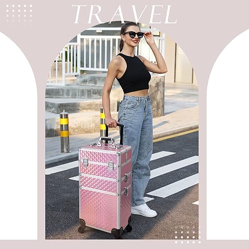 Miniatura 7 de Adazzo Estuche de aluminio 3 en 1 para maquillaje profesional con ruedas de rotación de 360 para maquillador, organizador de maleta cosmética con