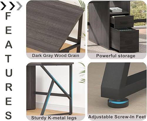 Miniatura 13 de IBF Escritorio negro para computadora con cajón de archivos, escritorio para 2 personas con estante de gabinete de almacenamiento, oficina moderna y