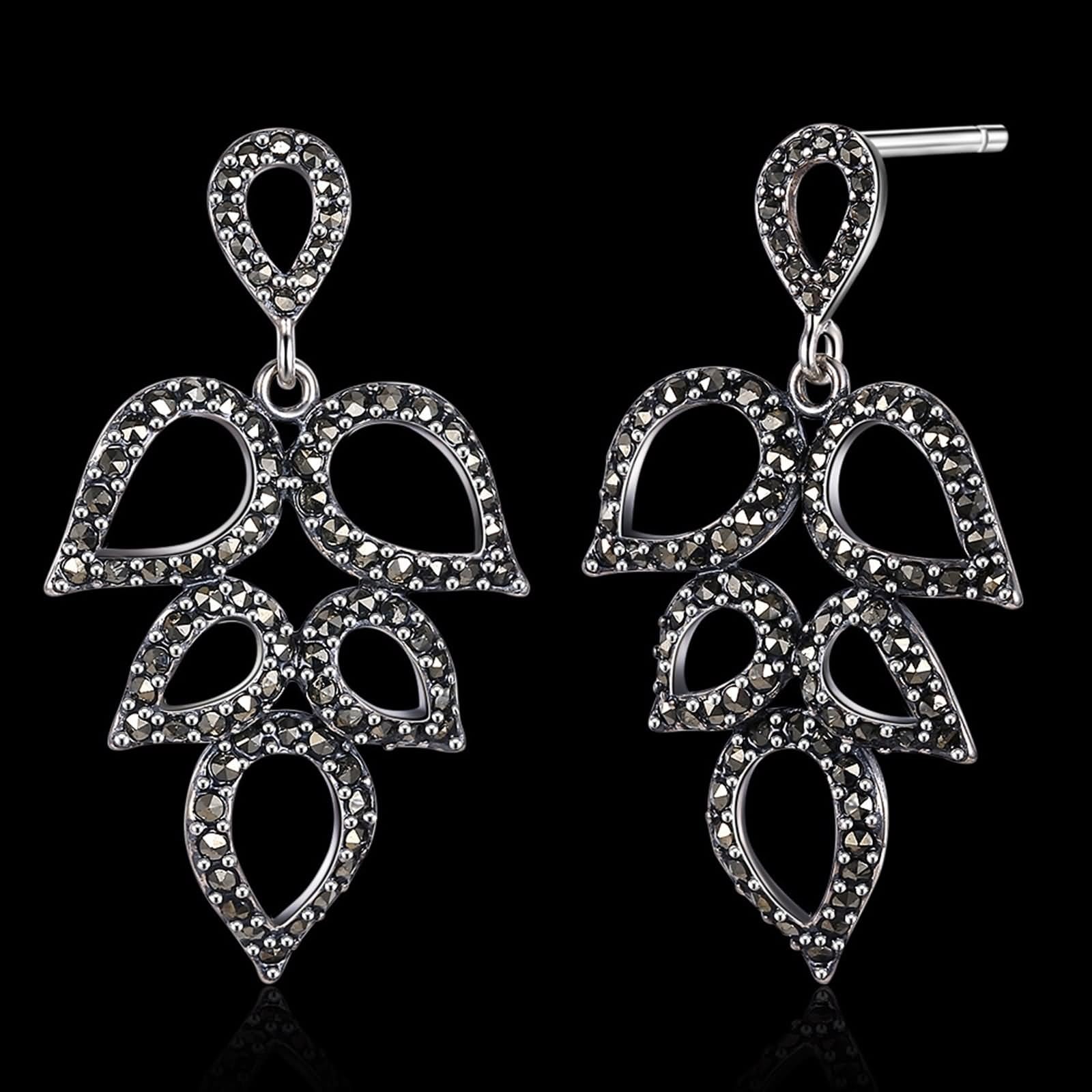 Pendientes de tuerca, aretes negros para mujer, aretes de diamante de circonita cúbica con forma de hoja hueca con forma redonda de circonita cúbica de plata de ley, Plata de ley, Circonia cúbica