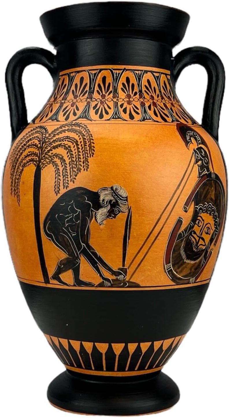 GreekArtShop Ancient Greek Amphora Vase - Suicide of Ajax - Handmade & Hand Painted - Black Clay - Oblong Shape - Geometric Pattern - 18x18x30 cm - 1.75 kg