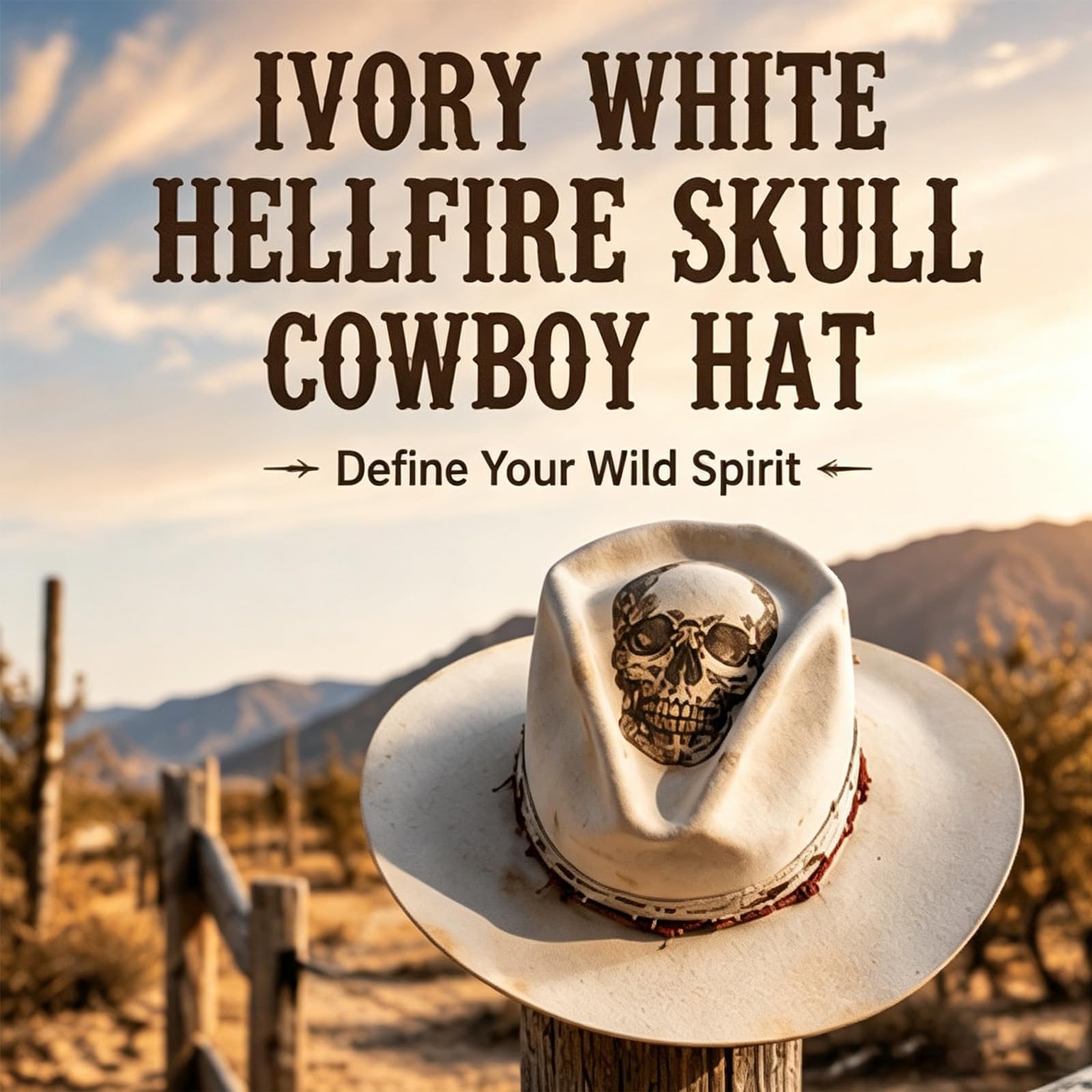 Generico Cappello da Cowboy con Teschio Hellfire Bianco Avorio, Cappello da Cowboy Western Invecchiato con Fascia con Teschio, Berretto a Tesa Larga per Uomo Donna, Copricapo da Motociclista