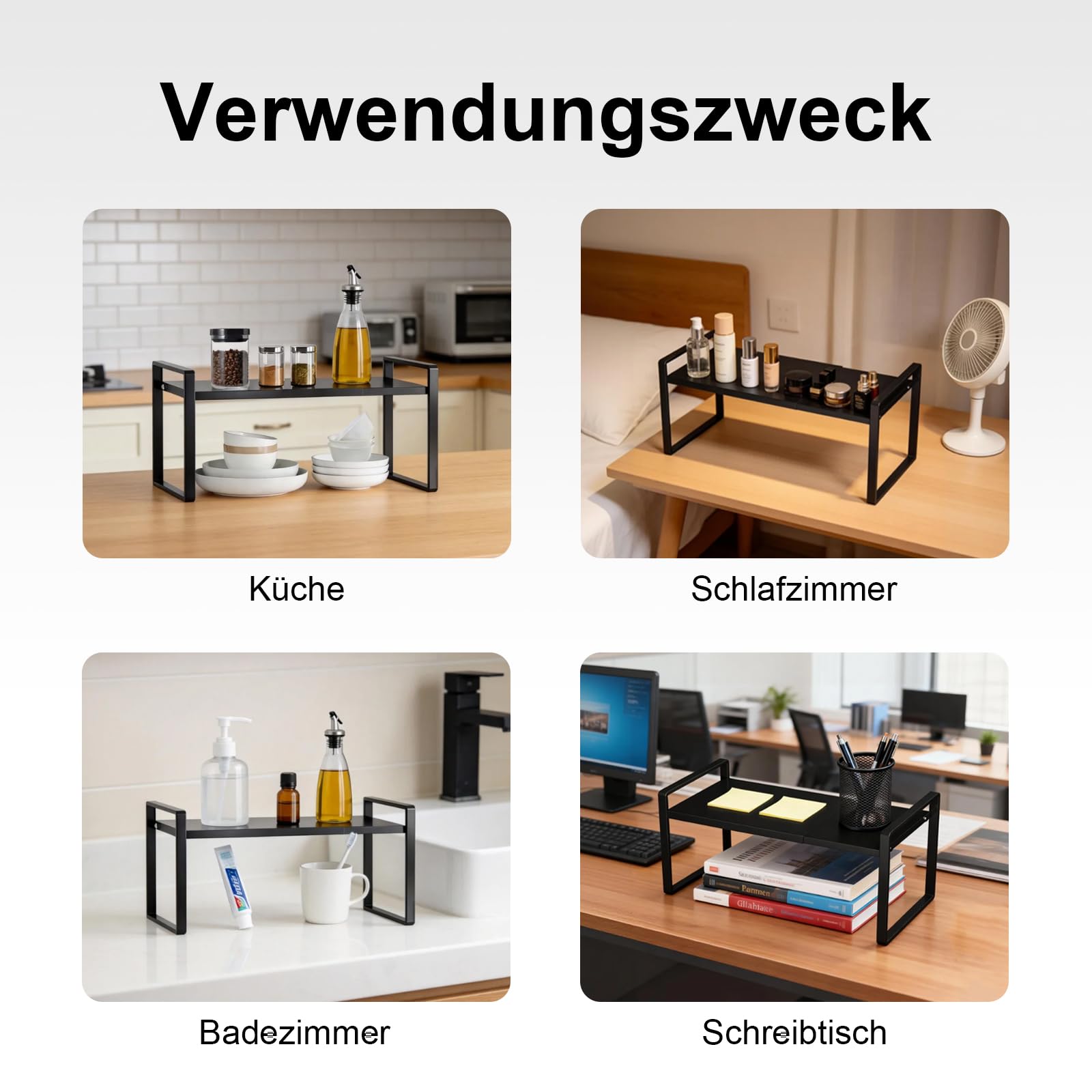 Küchenregal Arbeitsplatte Organizer,Schrankregal Ausziehbares 32-53cm, Organizer für die Arbeitsplatte，Regaleinsatz für Küchenschrank mit 3 Höhen,Schwarz