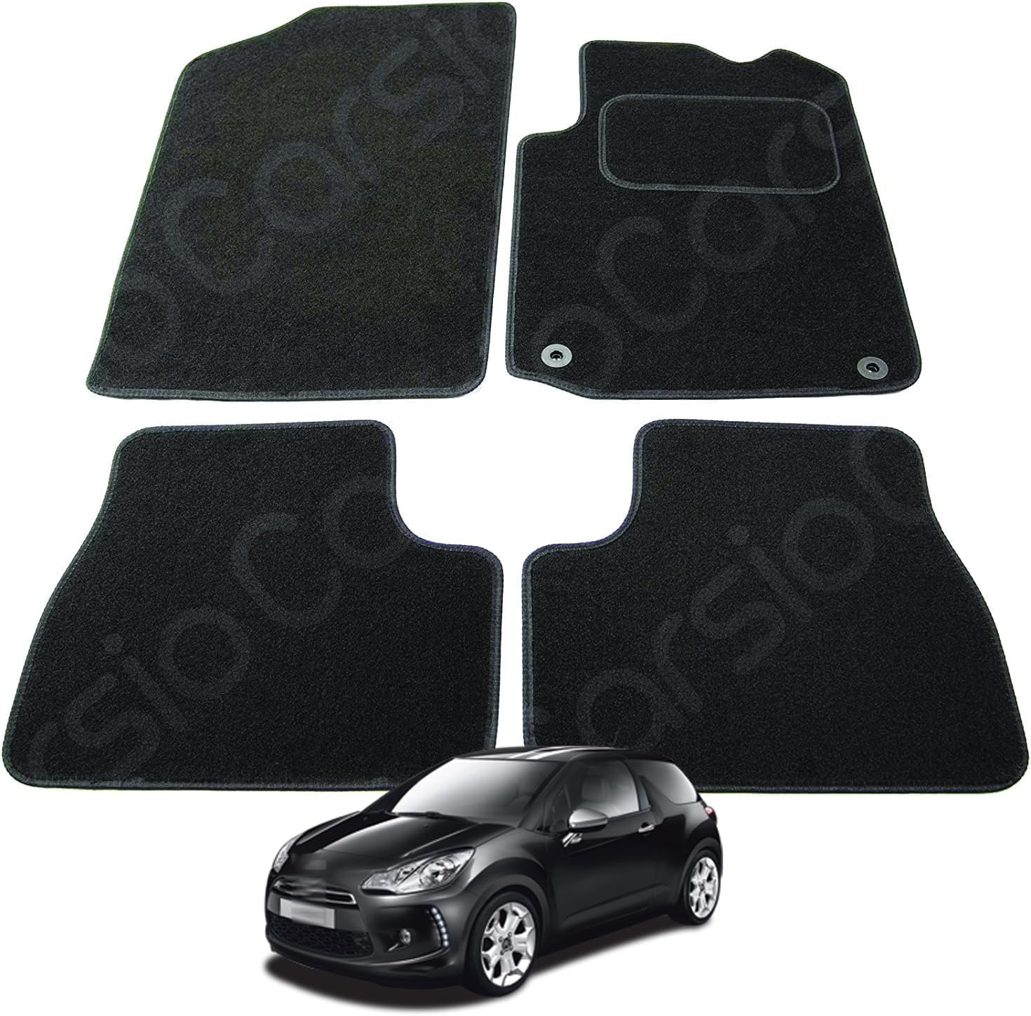 Carsio Carpet Car Mats For Citroen DS3 / DS DS3 2009 to 2018 4 Piece Set with 4 Clips Tailored Fit Floor Mat Complete Accessory Black Custom Fitted - All Weather, Anti-Slip Backing & Black Trim