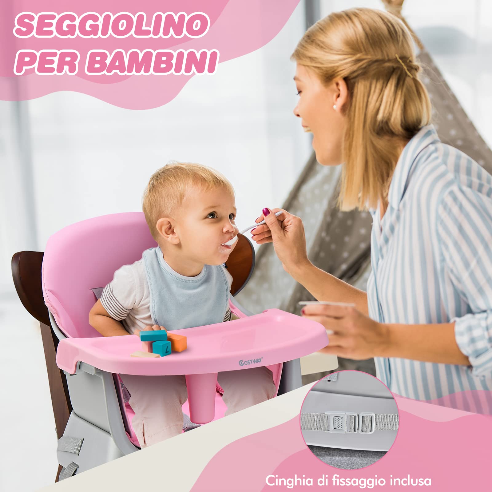 COSTWAY 6 in 1 Seggiolone Pappa per Bambini, Seggiolone per Neonati Convertibile, con Vassoio Rimovibile e Regolabile, Imbracatura a 5 Punti, Tavolo per Costruzioni, per Bambini 6+Mesi (Rosa)